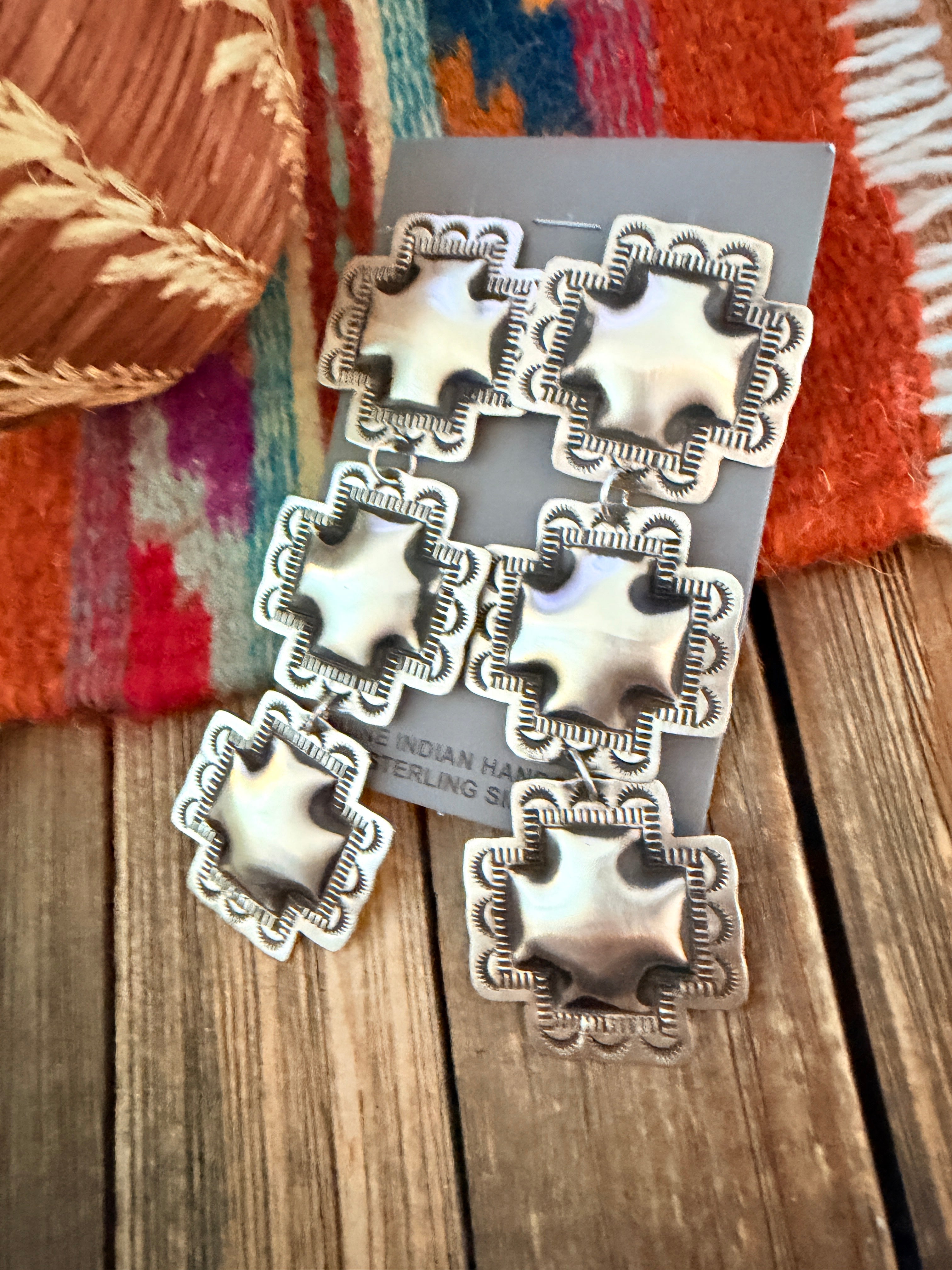 Handcrafted Sterling Silver Concho Cross Dangle Earrings by Leander Tahe