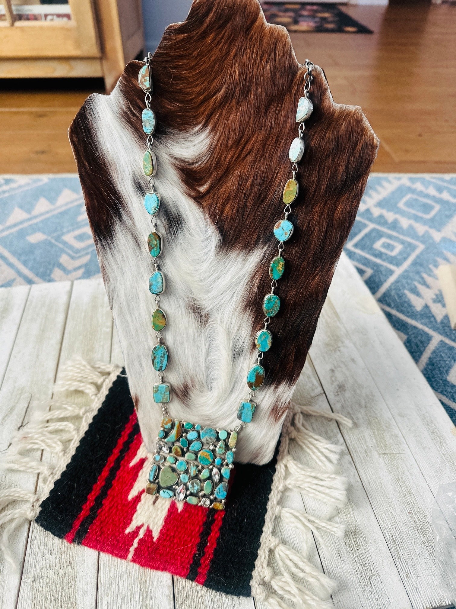 Handcrafted Royston Turquoise, CZ & Sterling Silver Cluster Necklace by Jacqueline Silver