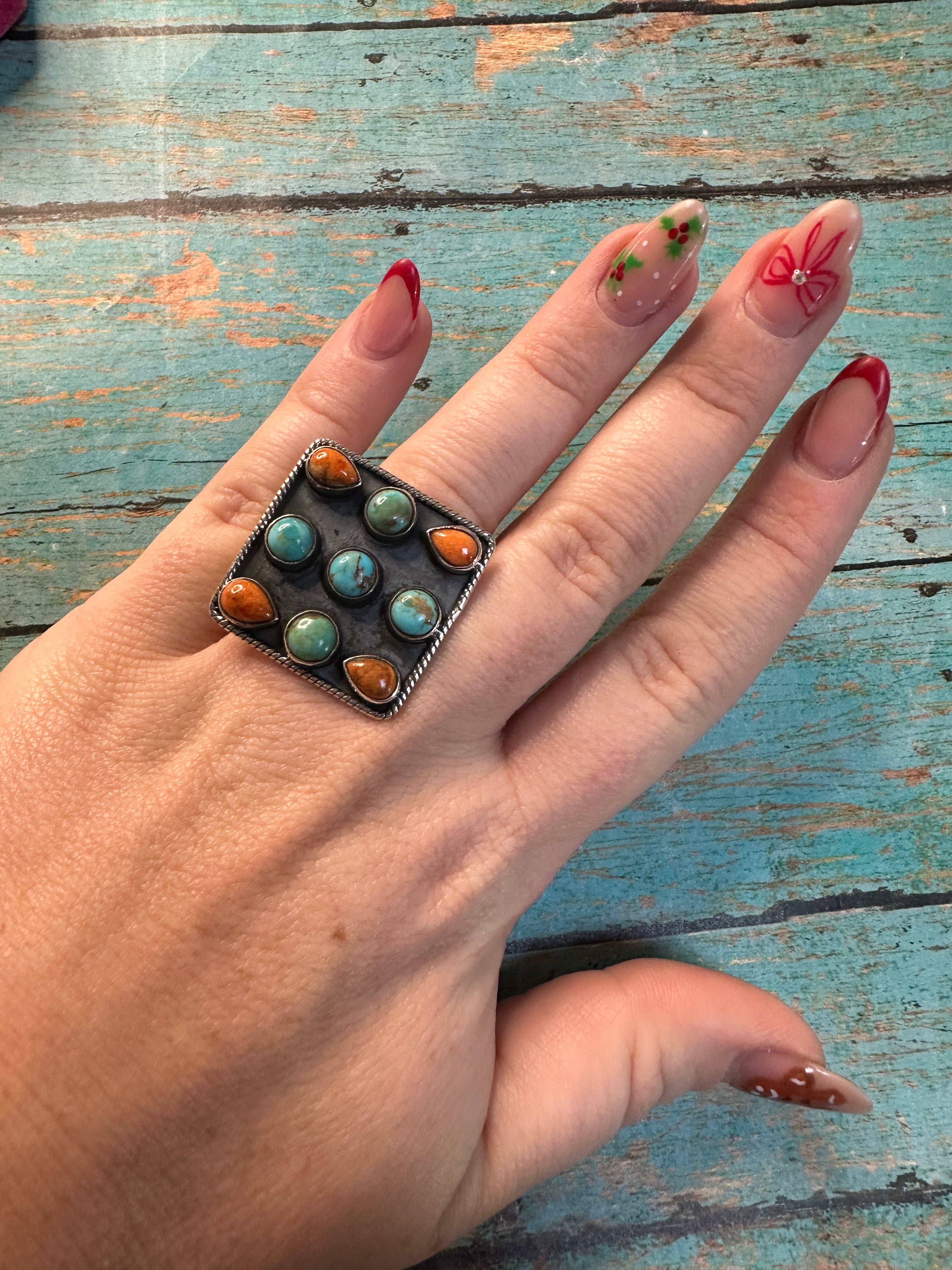 Beautiful Handmade Orange Mojave, Turquoise And Sterling Silver Adjustable Ring