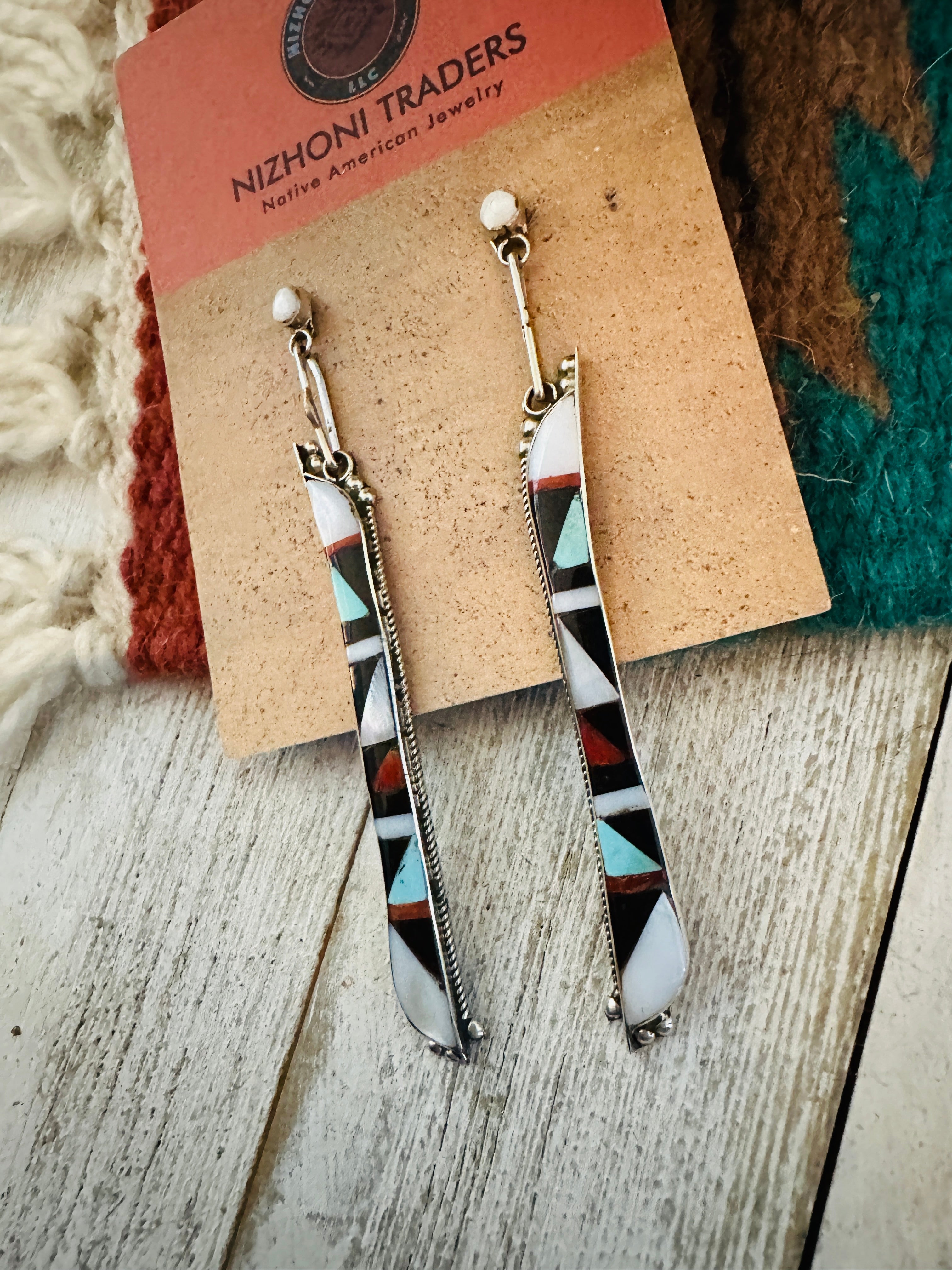 Zuni Multi Stone & Sterling Silver Inlay Dangle Earrings