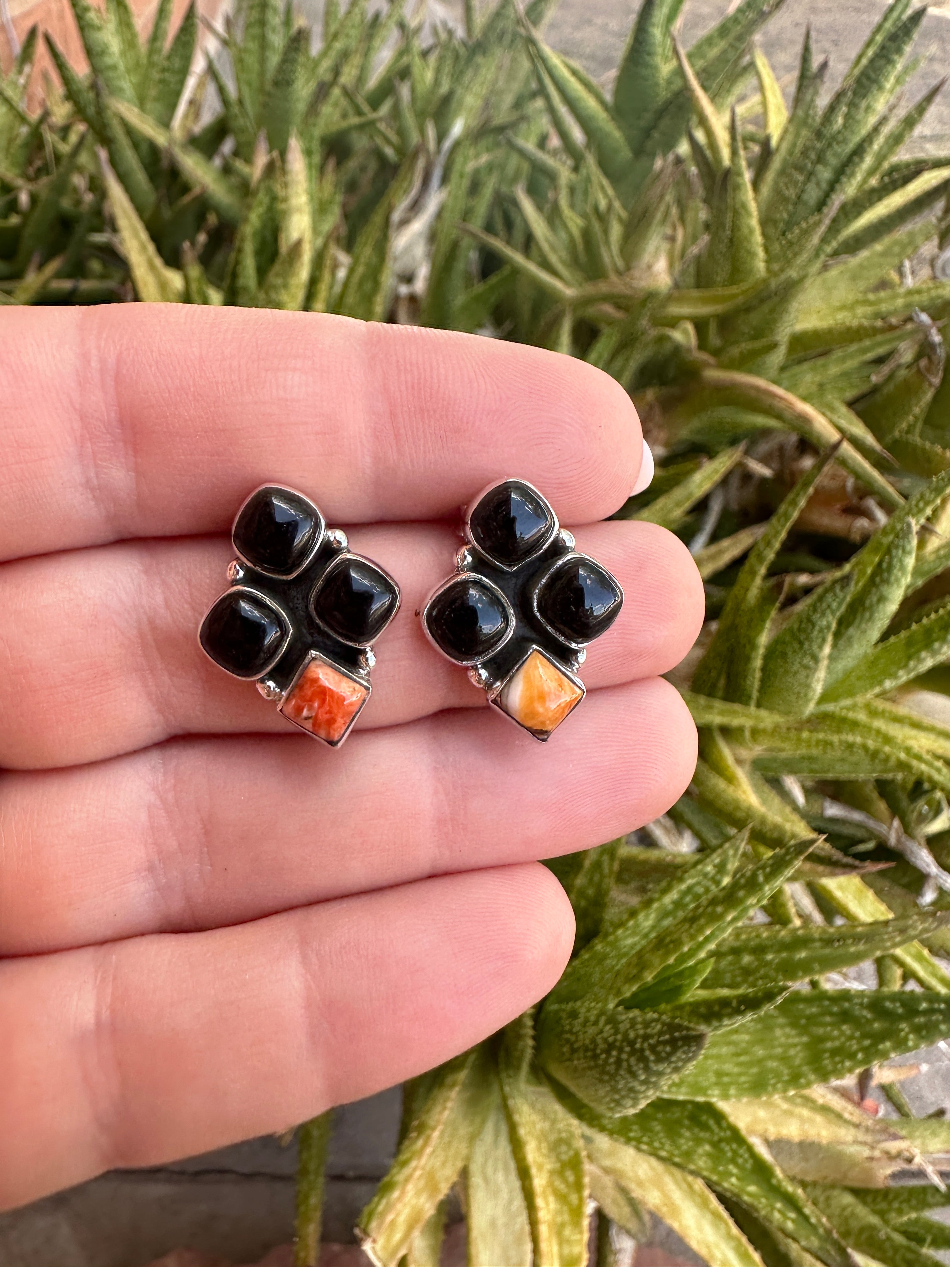 Beautiful Handmade Black Onyx & Sterling Silver Post Earrings Signed Nizhoni