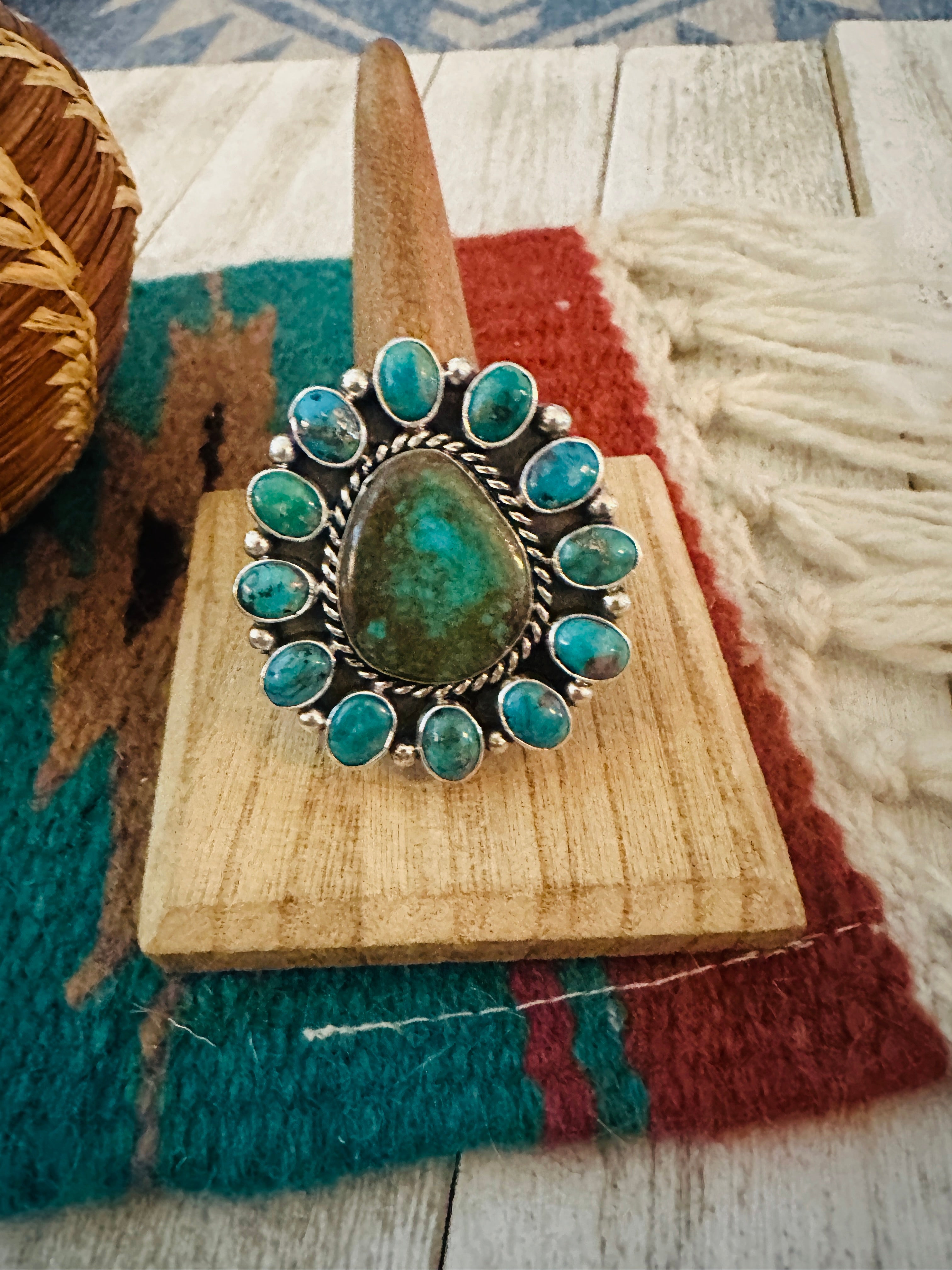 Navajo Sterling Silver & Turquoise Cluster Adjustable Ring