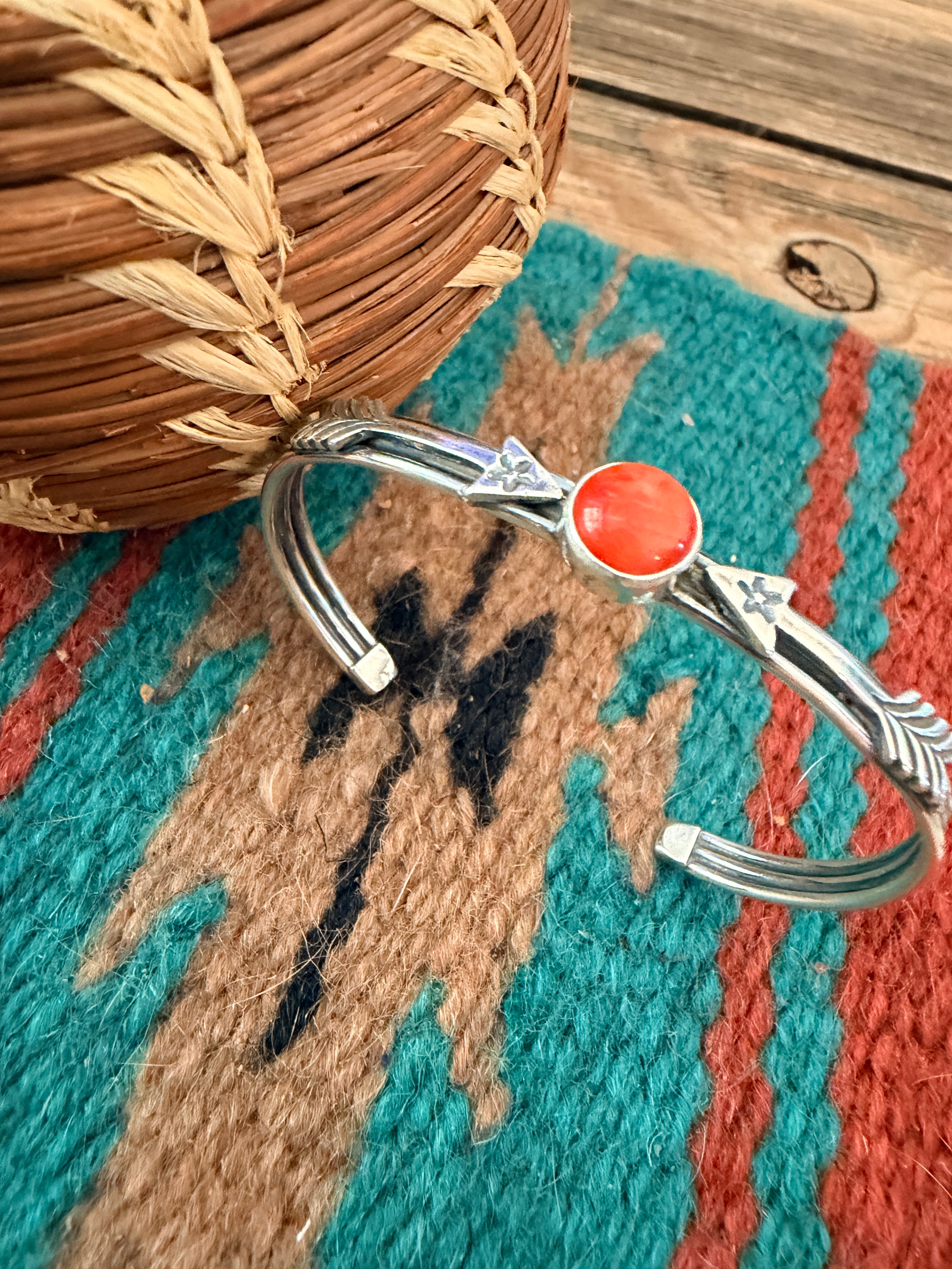 Handcrafted Sterling Silver & Red Spiny Oyster Arrow Cuff Bracelet