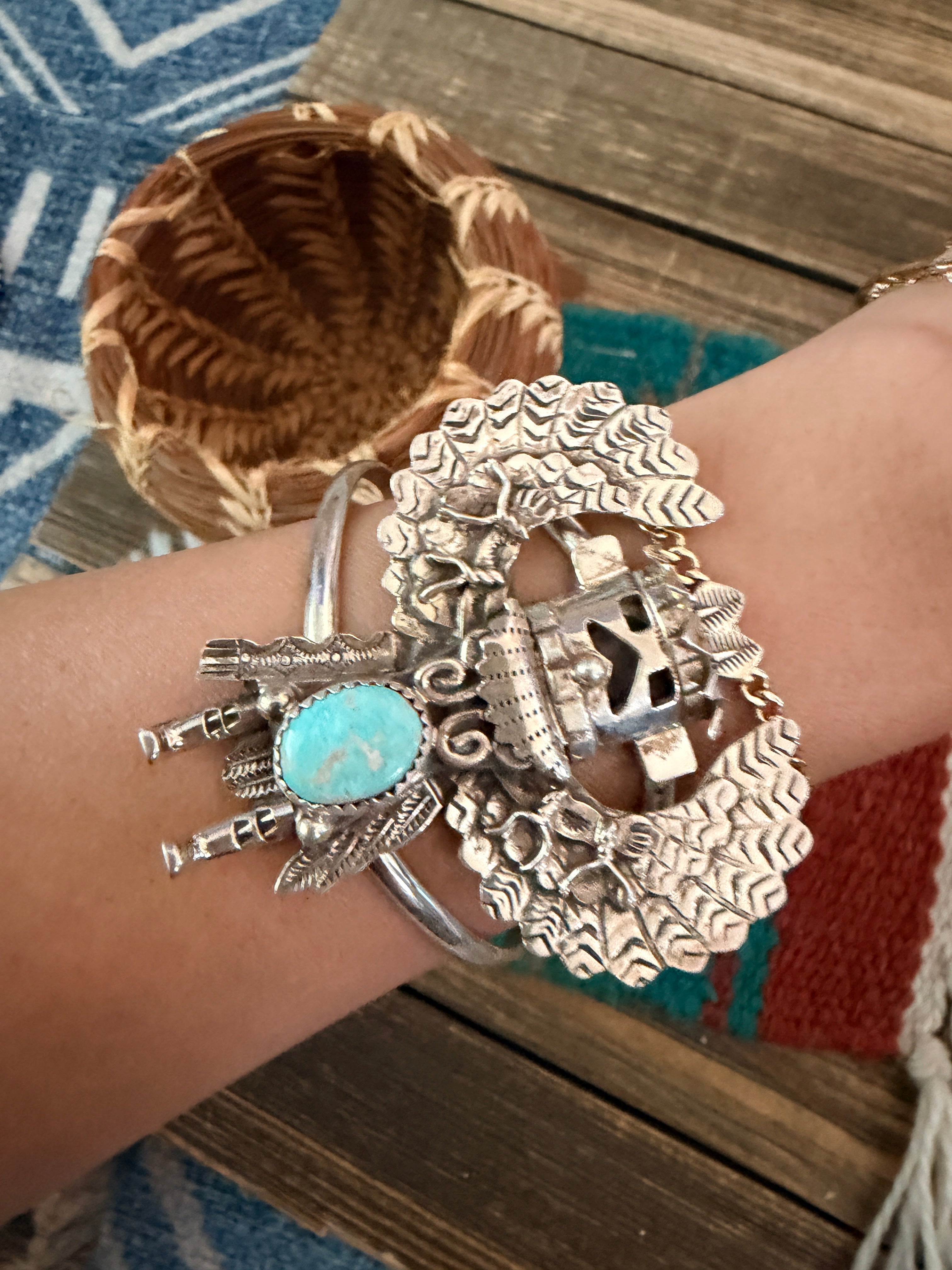 Handcrafted Old Pawn Sterling Silver & Turquoise Kokopelli Cuff Bracelet