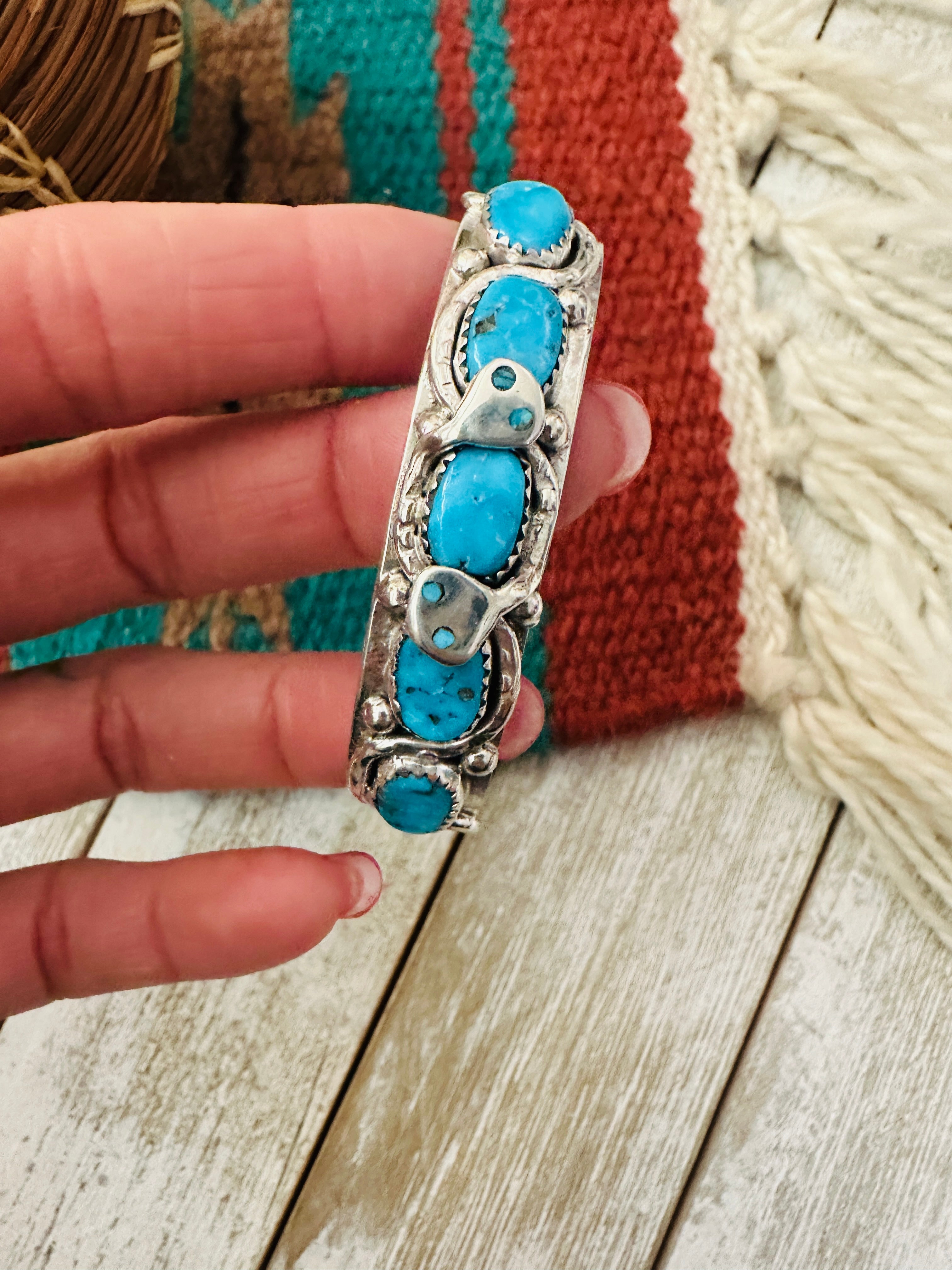 Zuni Sterling Silver & Turquoise Cuff Bracelet by Effie Calavaza