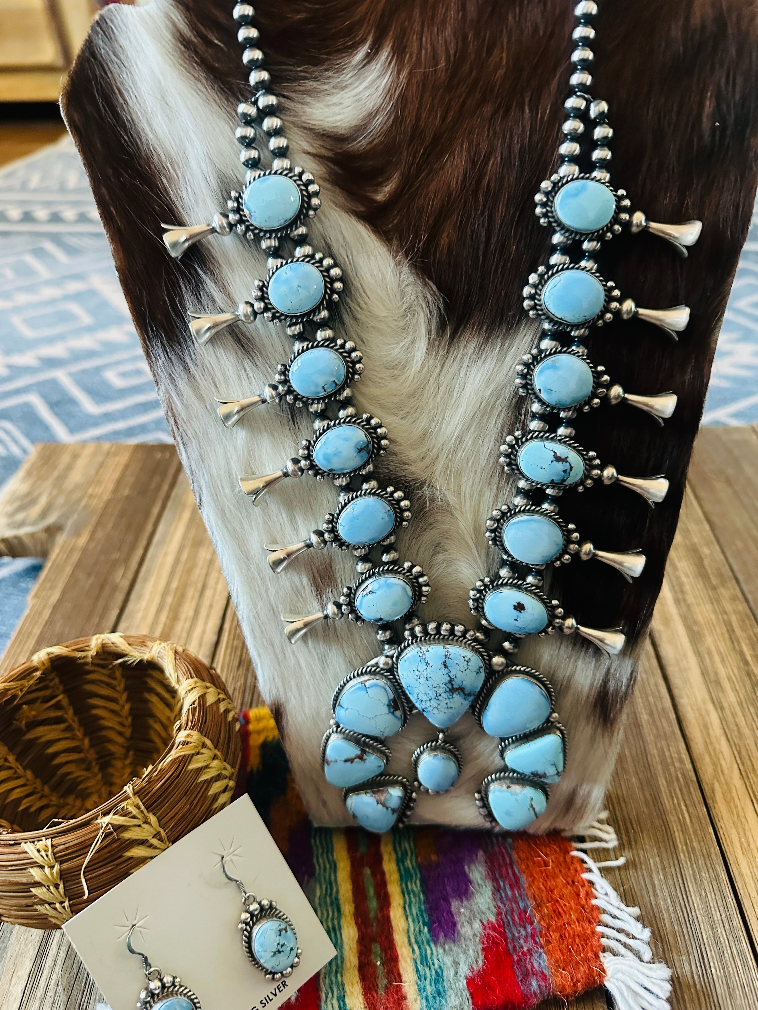 Handcrafted Golden Hills Turquoise & Sterling Silver Beaded Squash Blossom Necklace and Earring Set by Mary Ann Spencer