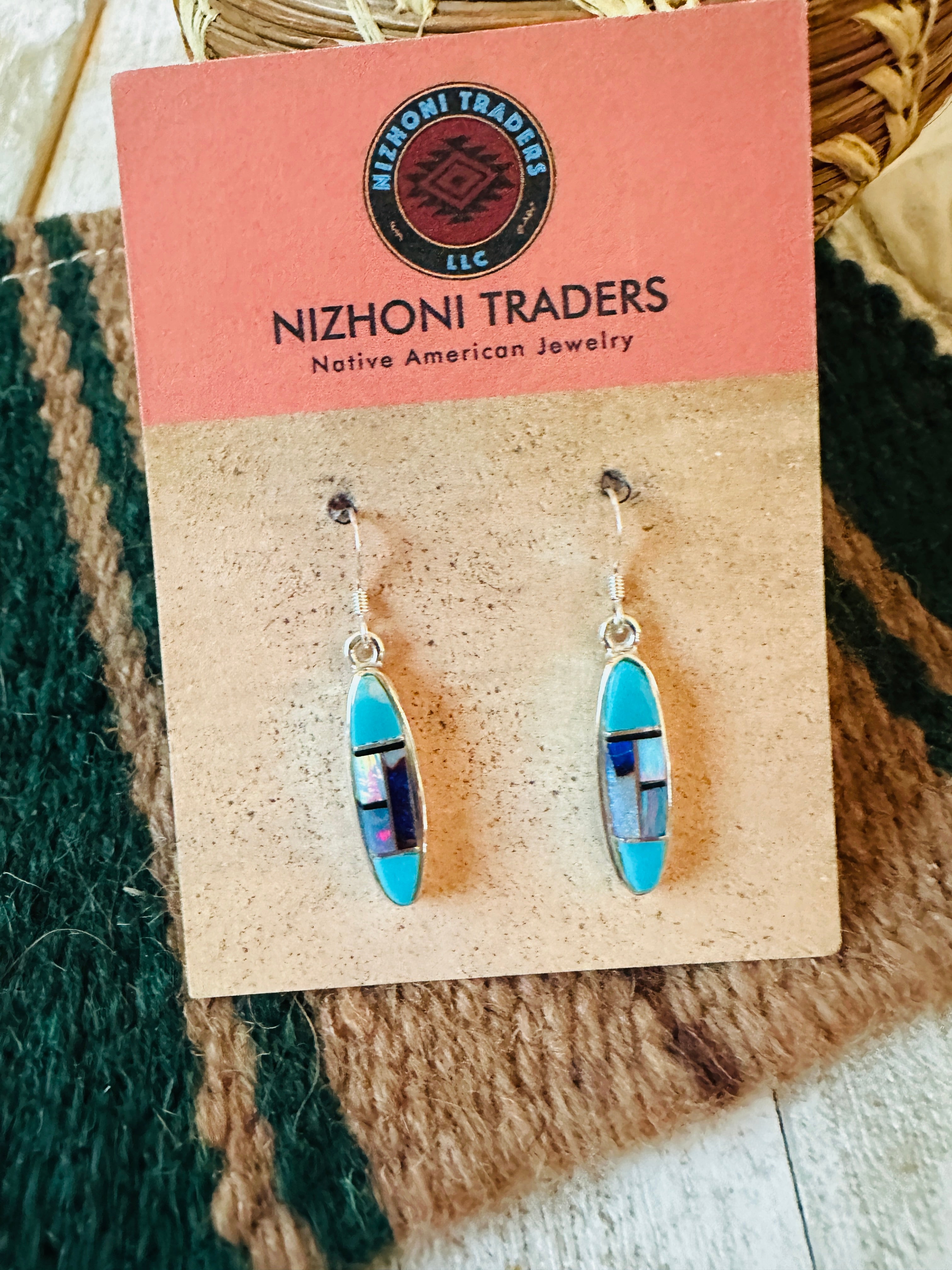 Navajo Sterling Silver & Multi Stone Inlay Dangle Earrings