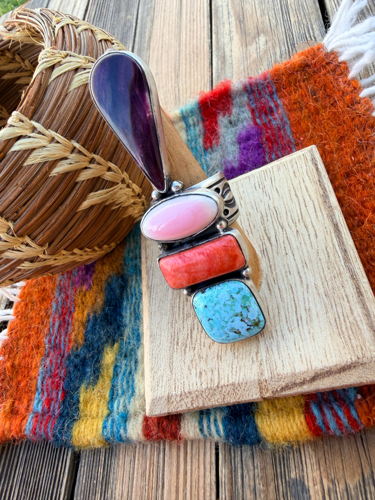 Handcrafted Spiny Oyster, Turquoise, Pink Conch & Sterling Silver Adjustable Ring