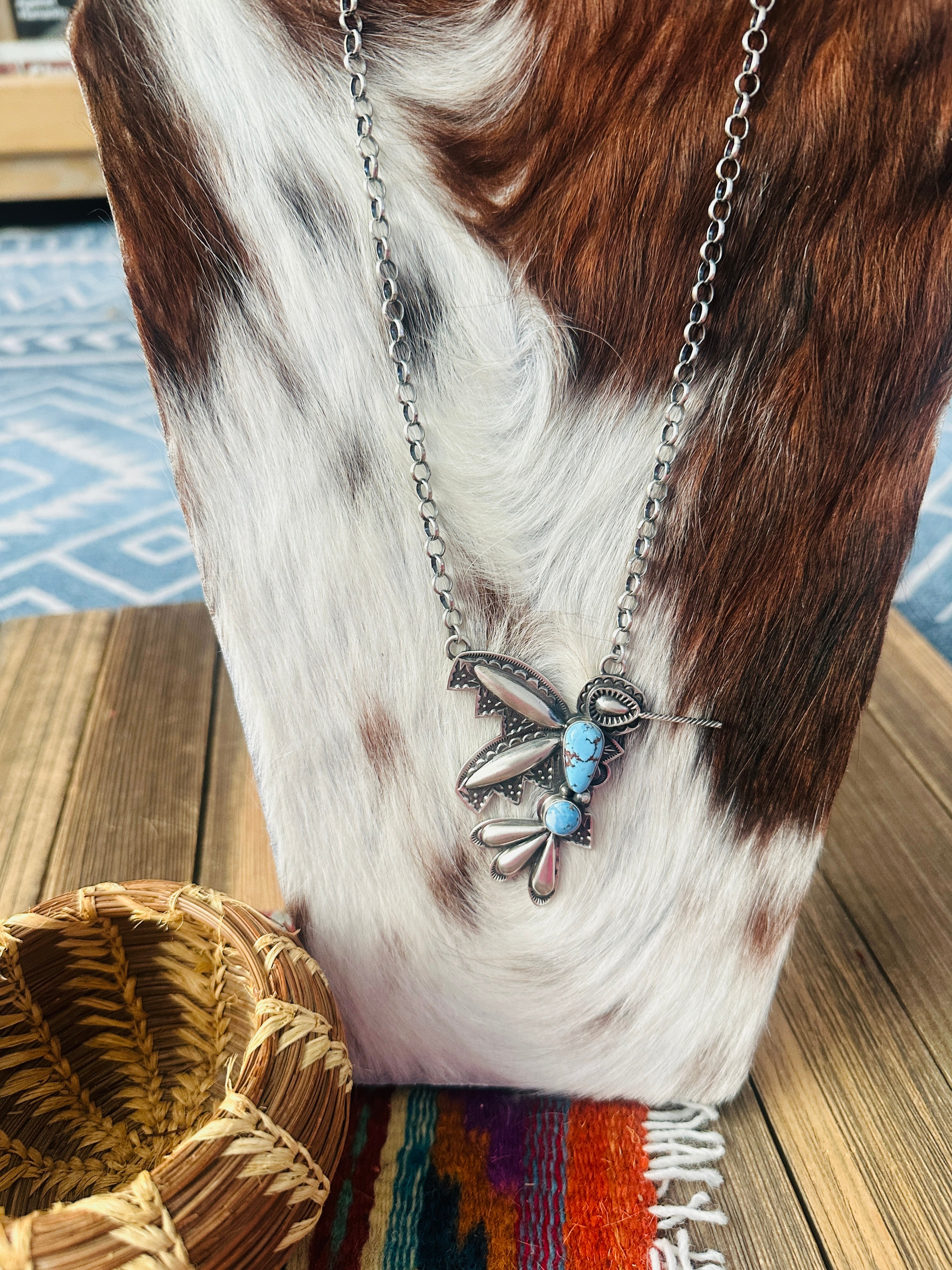 Handcrafted Golden Hills Turquoise & Sterling Silver Hummingbird Necklace by Charles Johnson