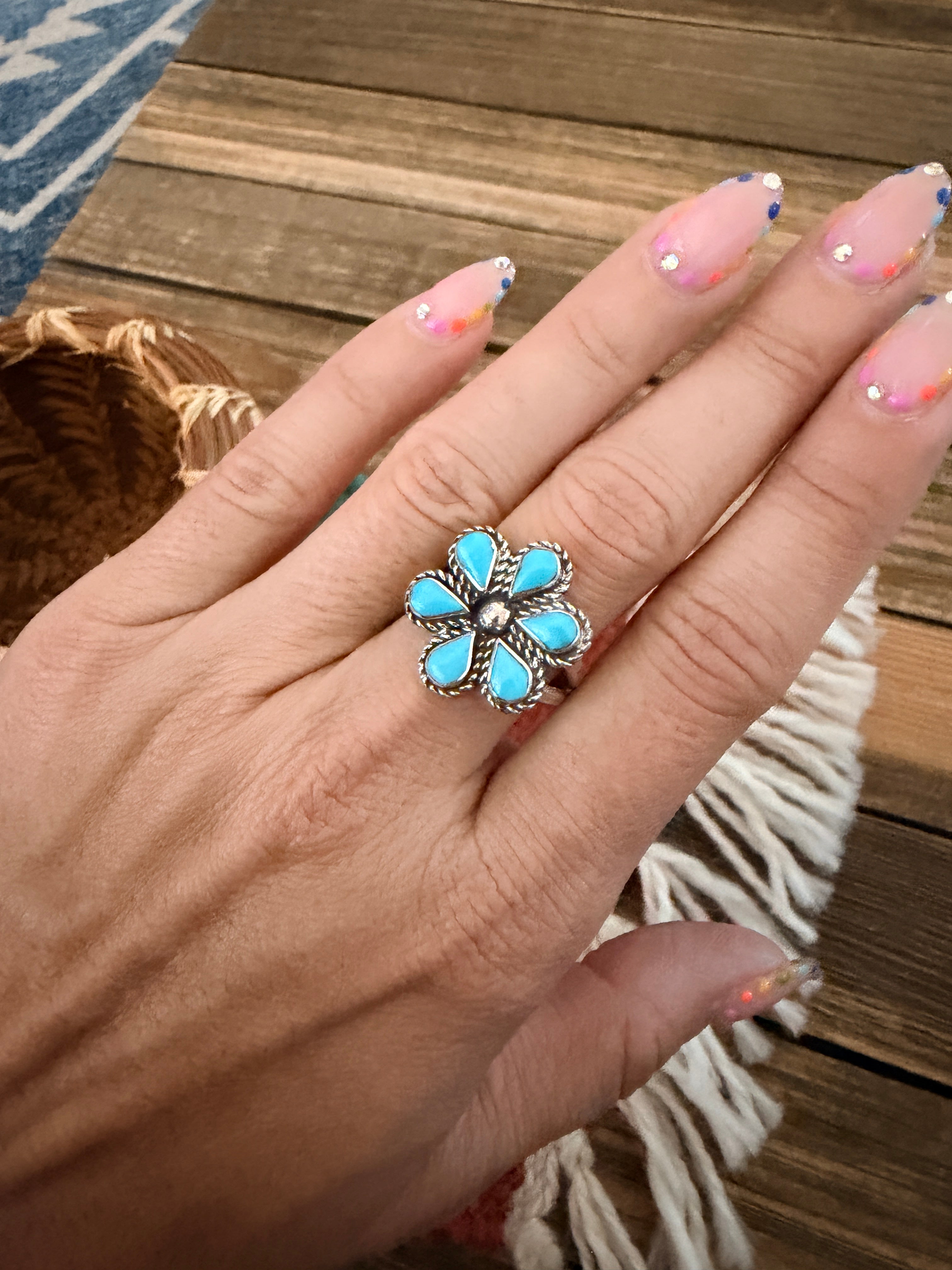 Handcrafted Turquoise & Sterling Silver Cluster Ring Size 7.75