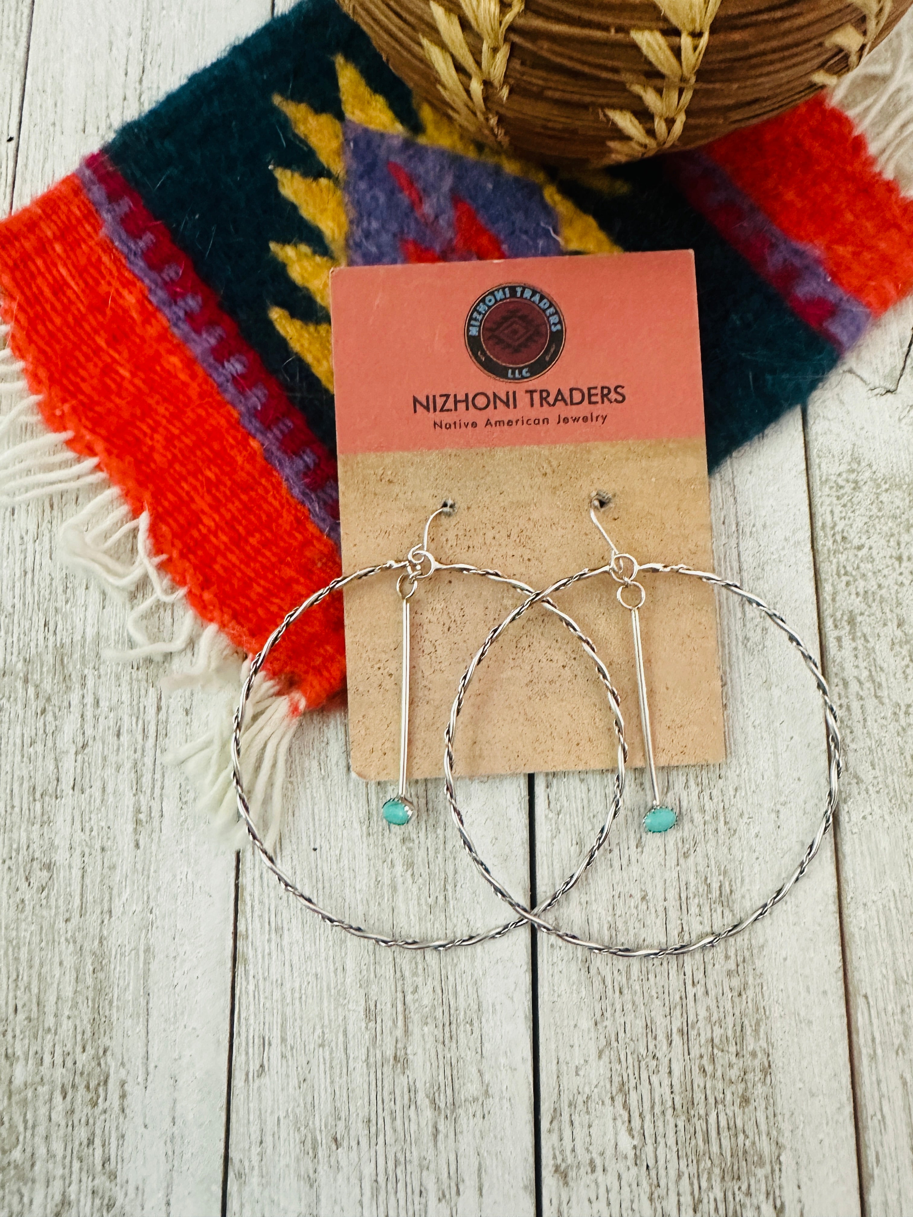 Navajo Turquoise & Sterling Silver Dangle Hoop Earrings