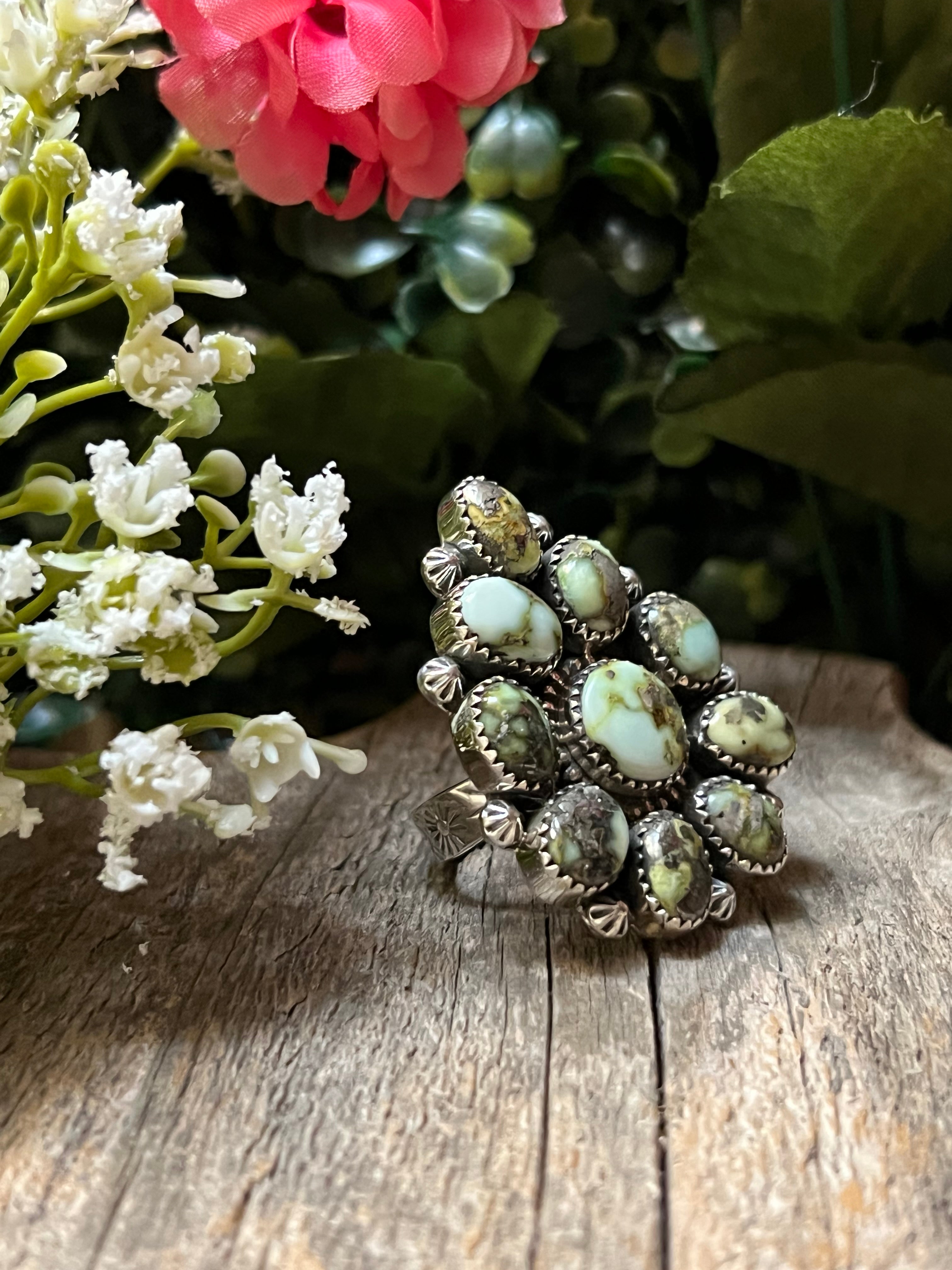 Handmade Palomino Turquoise Cluster Sterling Silver Adjustable Ring