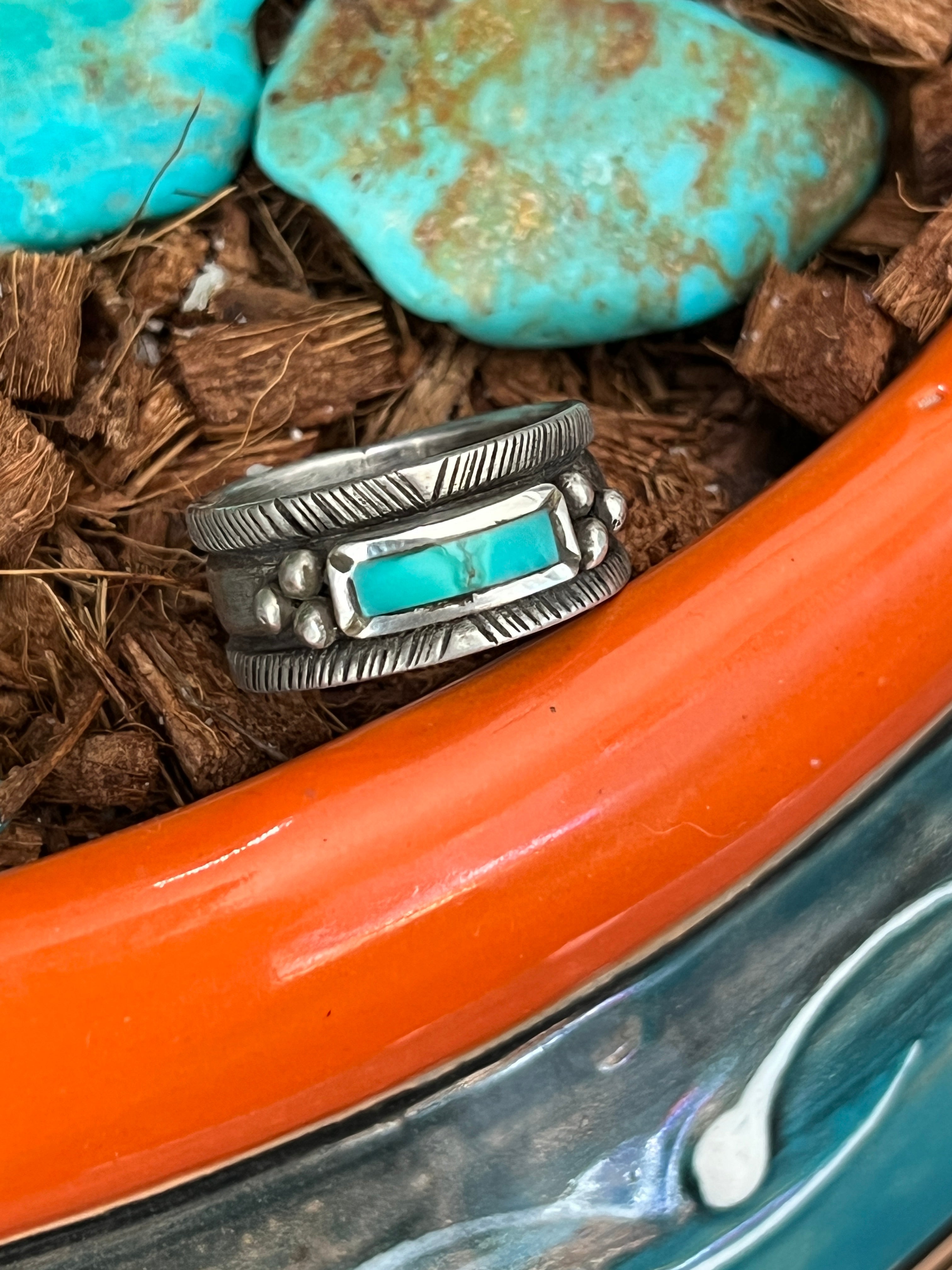 Falcon Trading Company Ingot Sterling Silver and Fox Turquoise Inlay Ring by Joe O’Neill, Size 10