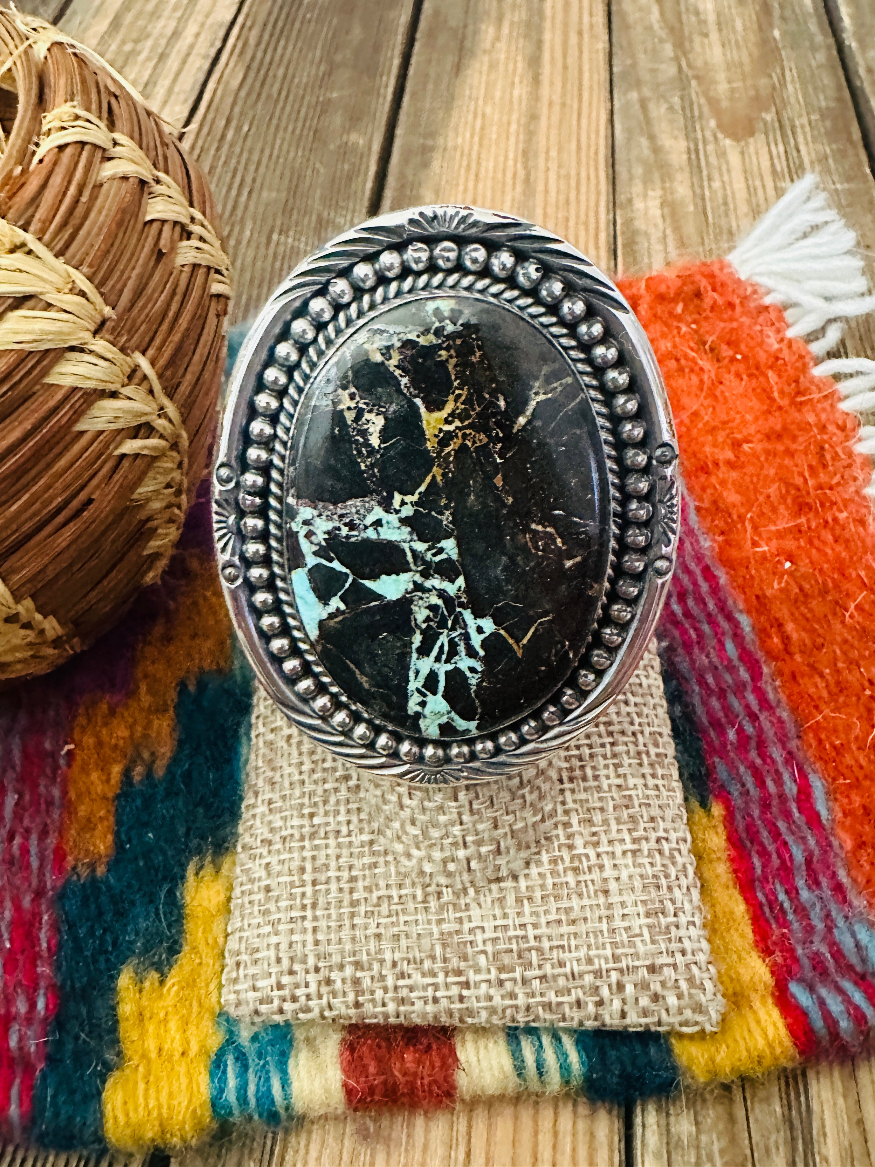 Handcrafted Blackjack Turquoise & Sterling Silver Adjustable Ring