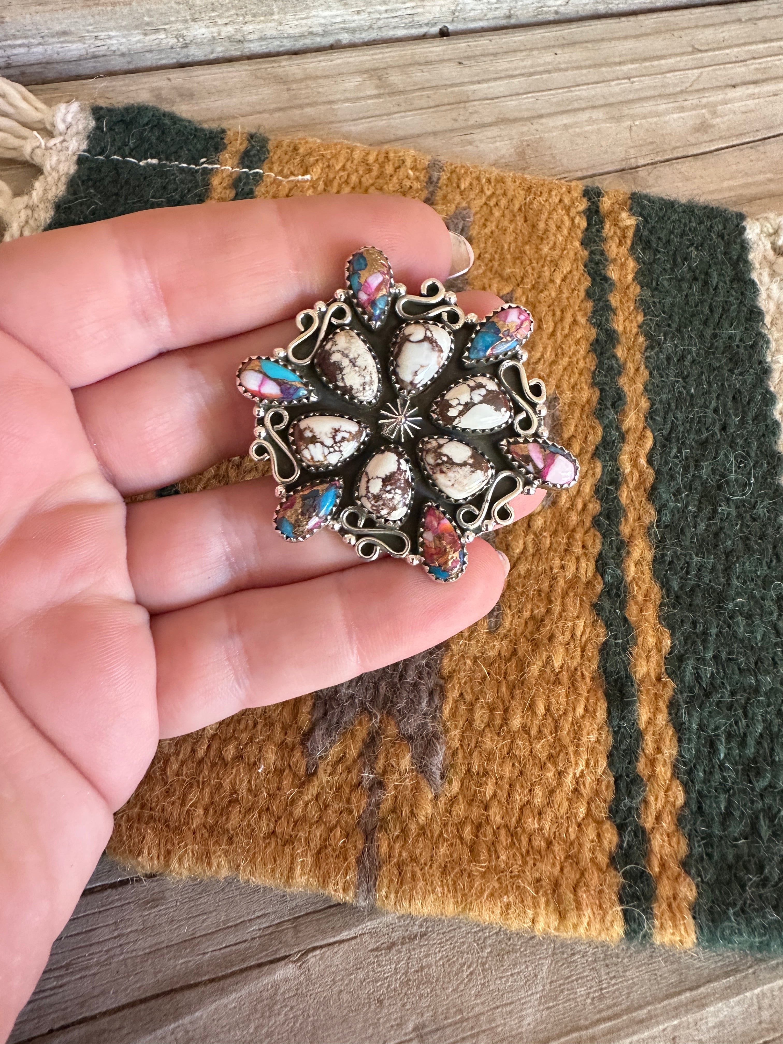 Beautiful Handmade Pink Dream Mojave, Wild Horse And Sterling Silver Adjustable Ring