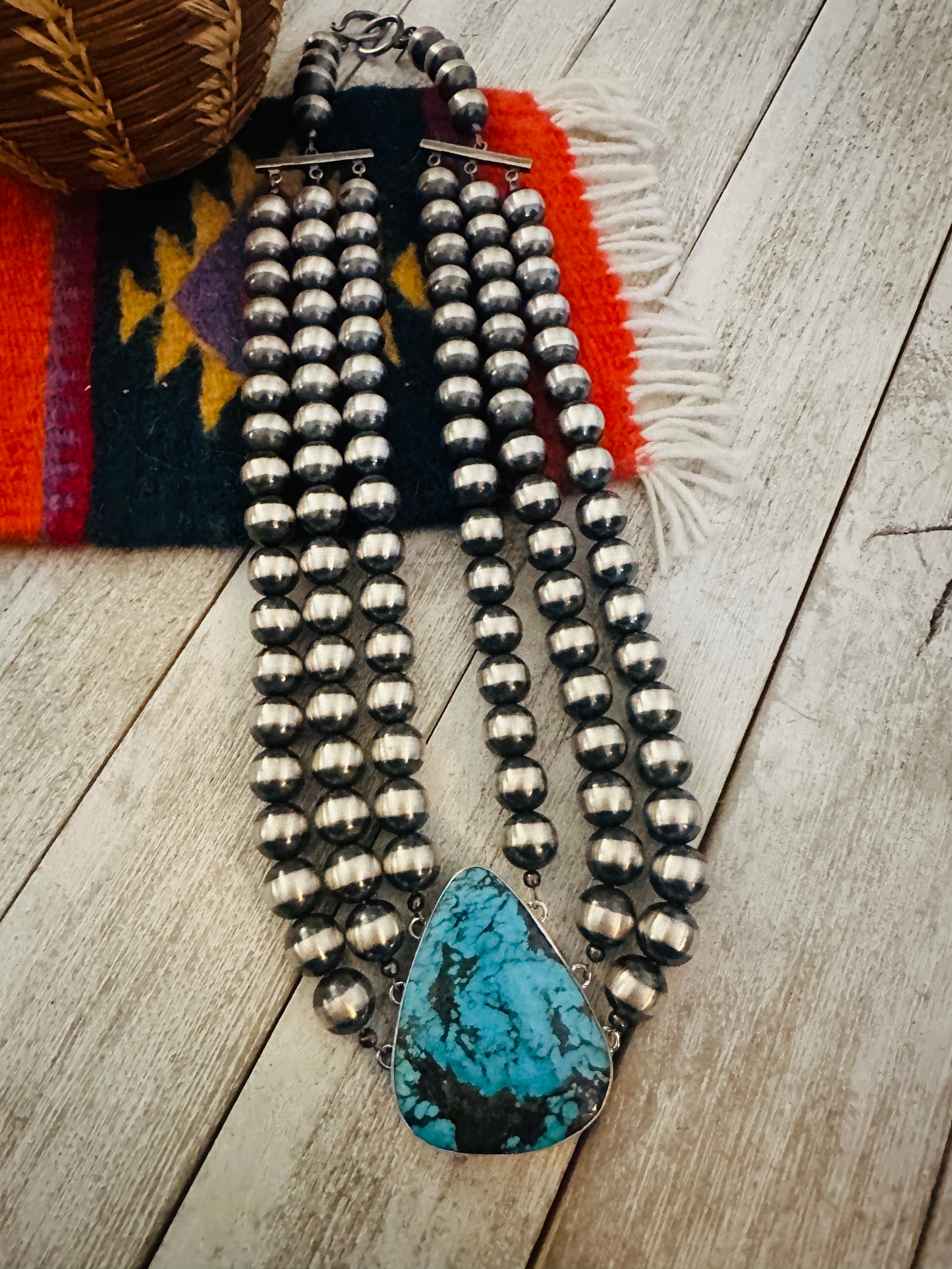 Navajo Sterling Silver & Turquoise Beaded Triple-Strand Necklace