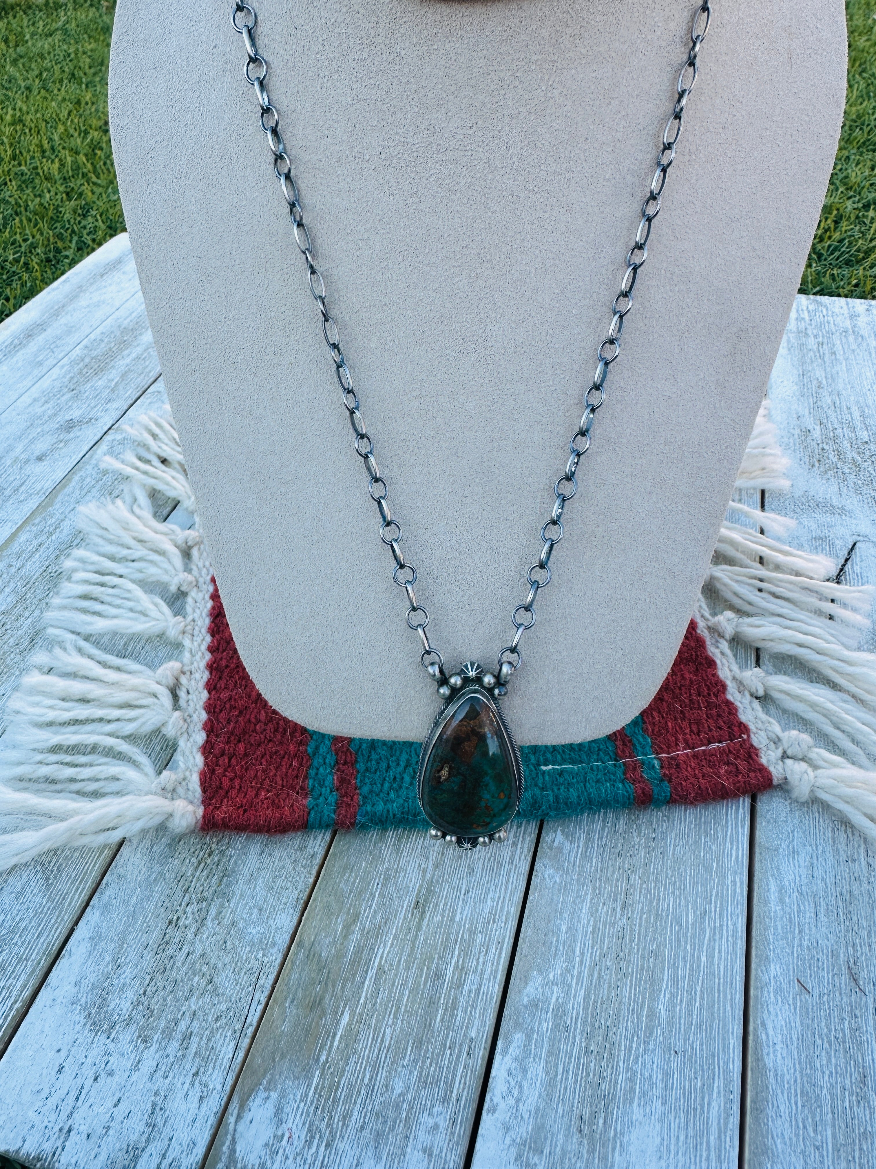 Handcrafted Sterling Silver 18” Link Chain & Royston Turquoise Necklace