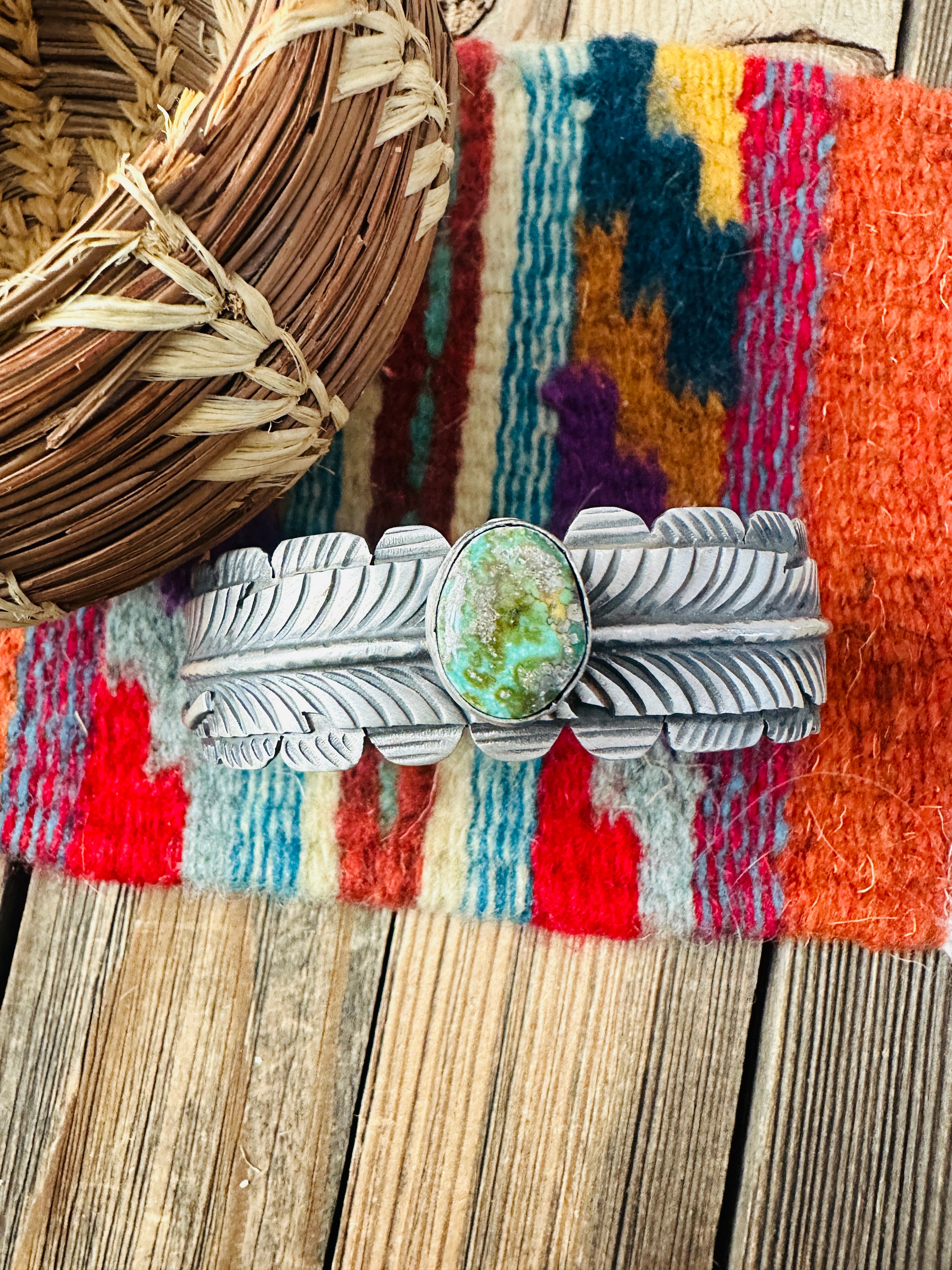 Handcrafted Sonoran Gold Turquoise & Sterling Silver Feather Cuff Bracelet