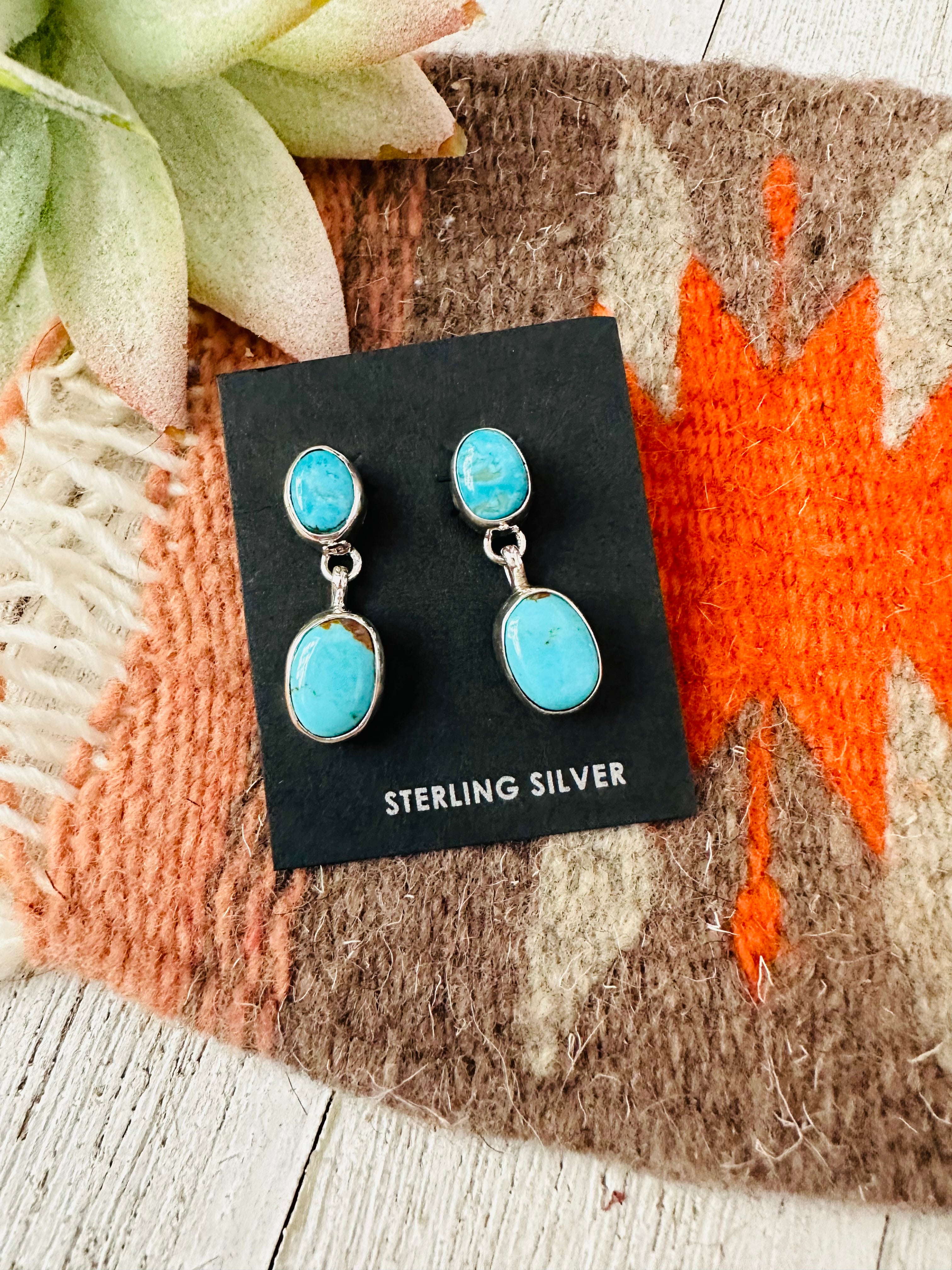 Navajo Turquoise and Sterling Silver Two Stone  Dangle Earrings