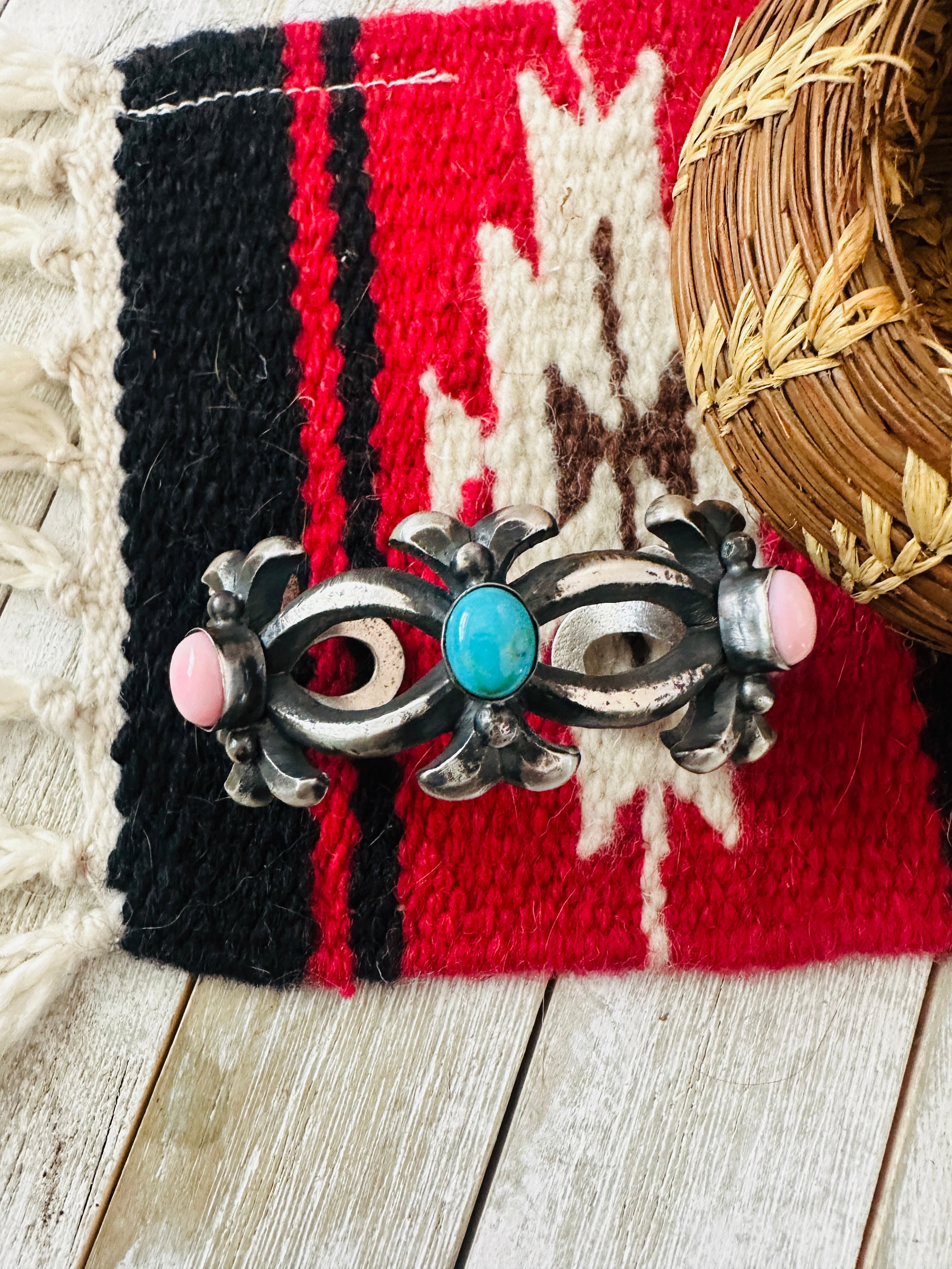 Handcrafted Turquoise, Queen Pink & Sterling Silver Cuff Bracelet by Chimney Butte