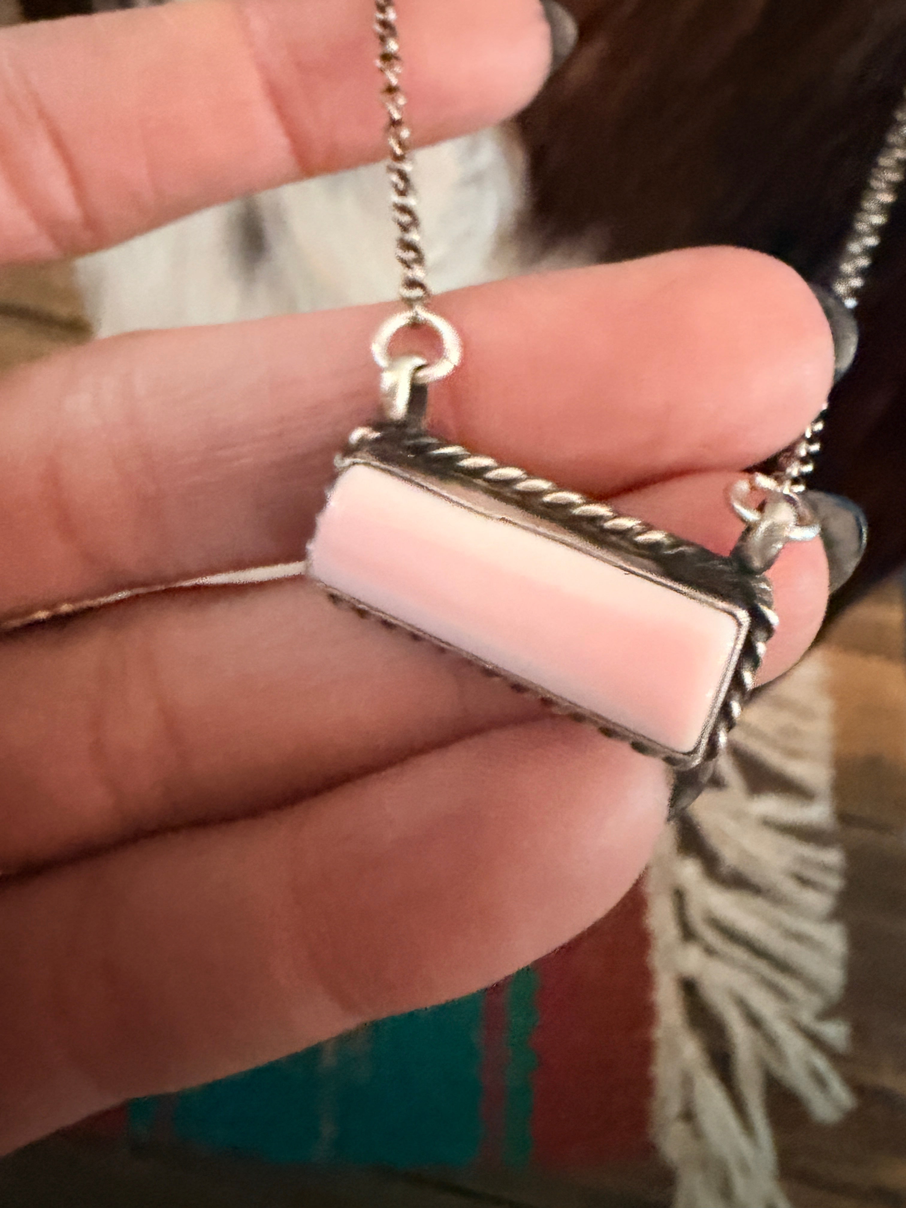 Handcrafted Queen Pink Conch & Sterling Silver Bar Necklace by Augustine Largo
