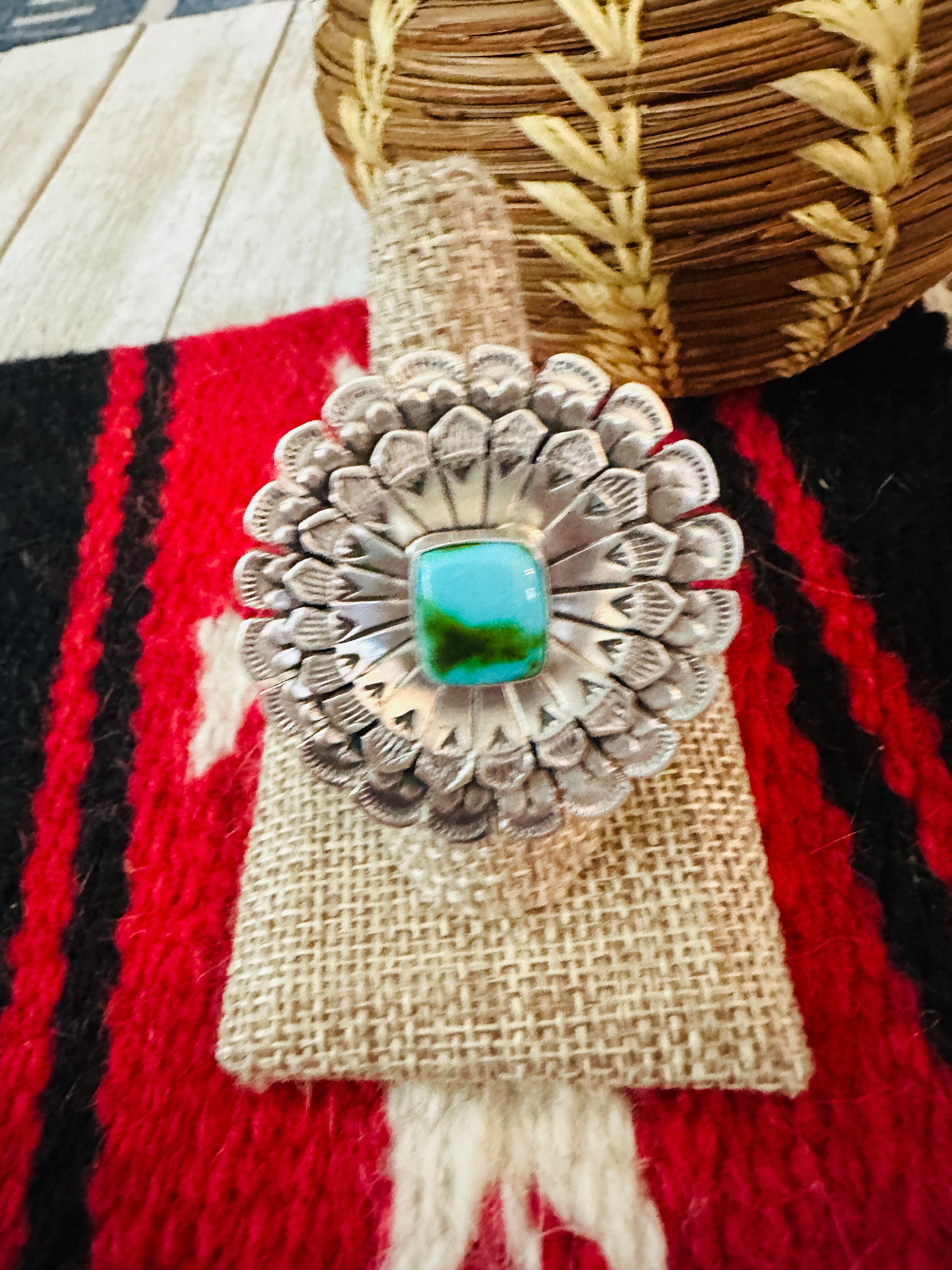 Handcrafted Hand Stamped Sterling Silver &  Turquoise Adjustable Ring by Leroy James