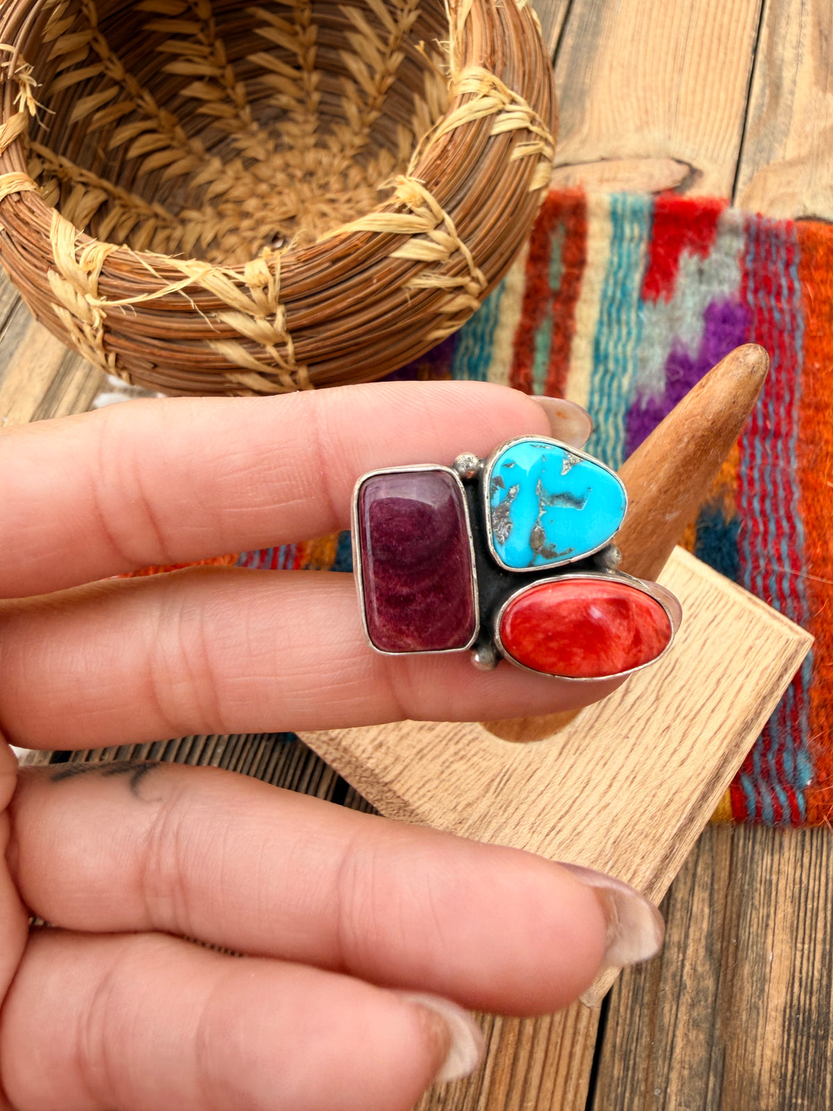Handcrafted Spiny Oyster, Turquoise & Sterling Silver Adjustable Cluster Ring by Robert Livingston