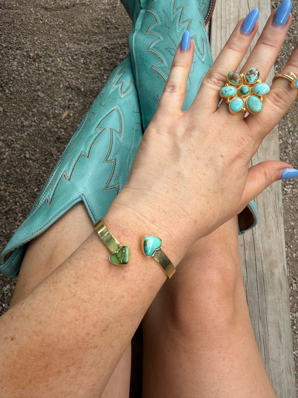 “The Golden Collection” Painted Desert Handmade Natural Sonoran Mountain Turquoise Gold Plated Adjustable Bracelet Cuff STYLE 2