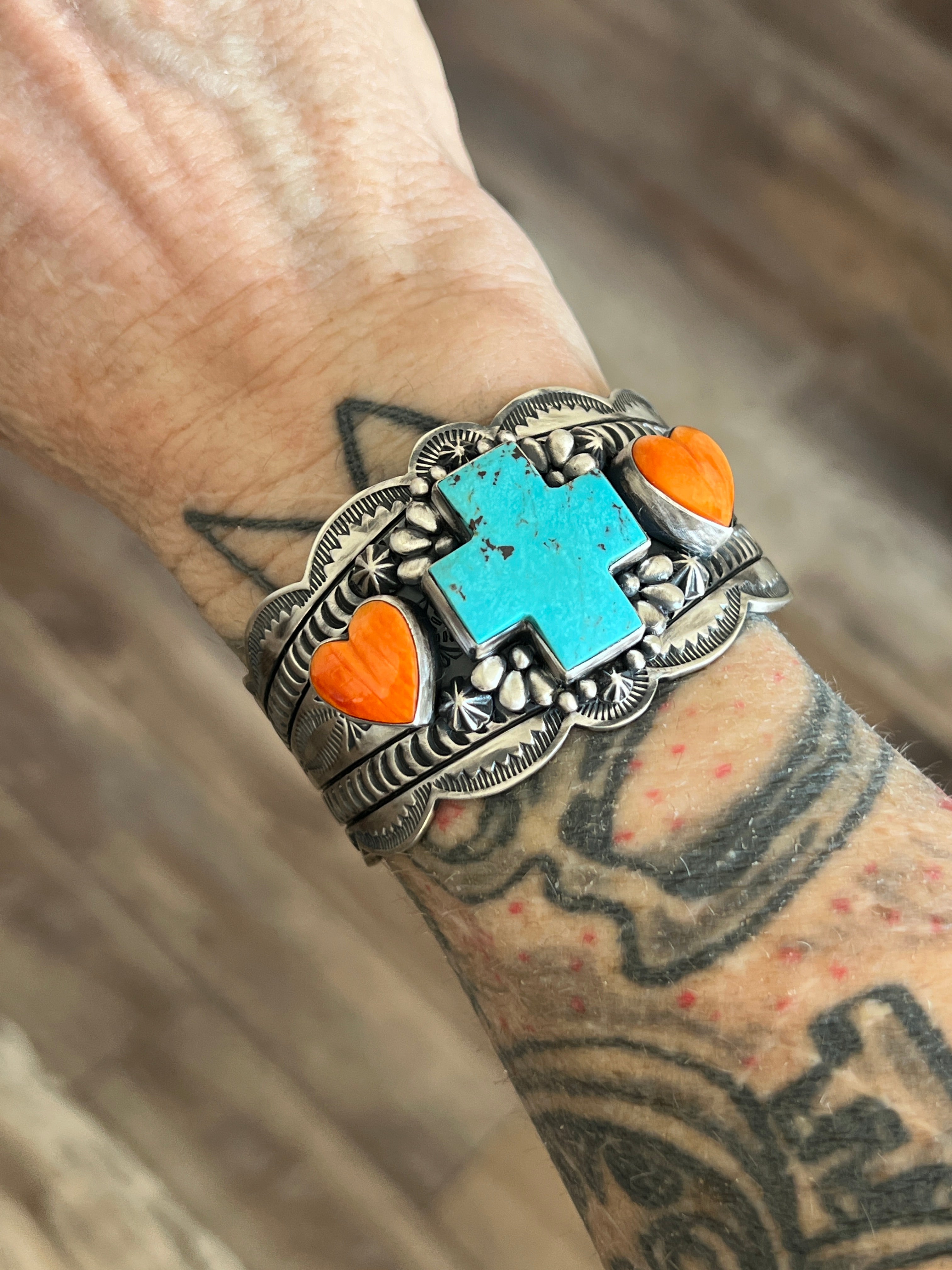 Handcrafted Sterling Silver, Kingman Turquoise and Spiny Oyster Santa Fe Cross Cuff Bracelet by Murphy Platero