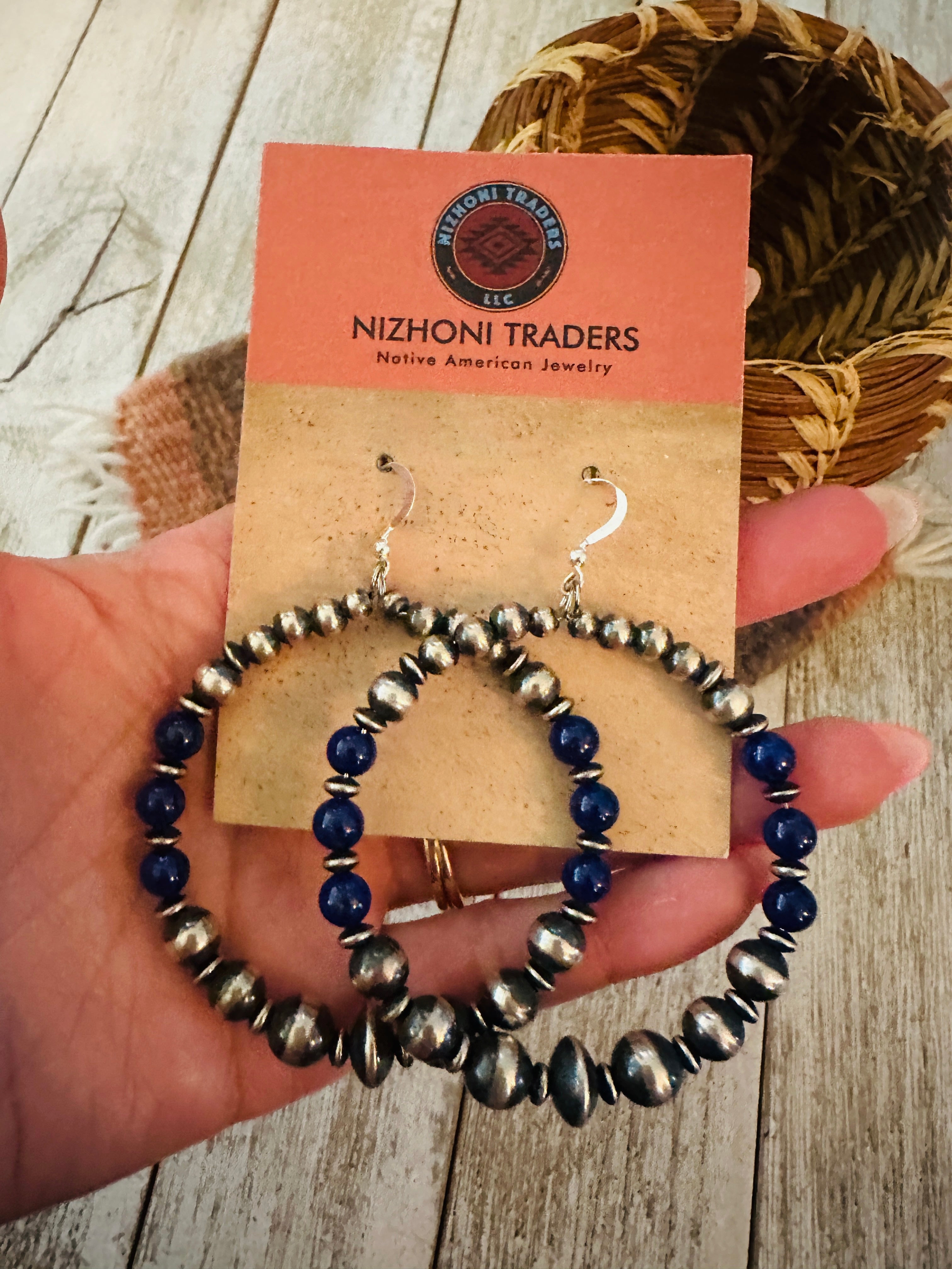 Handcrafted Lapis & Sterling Silver Pearl Beaded Dangle Hoop Earrings