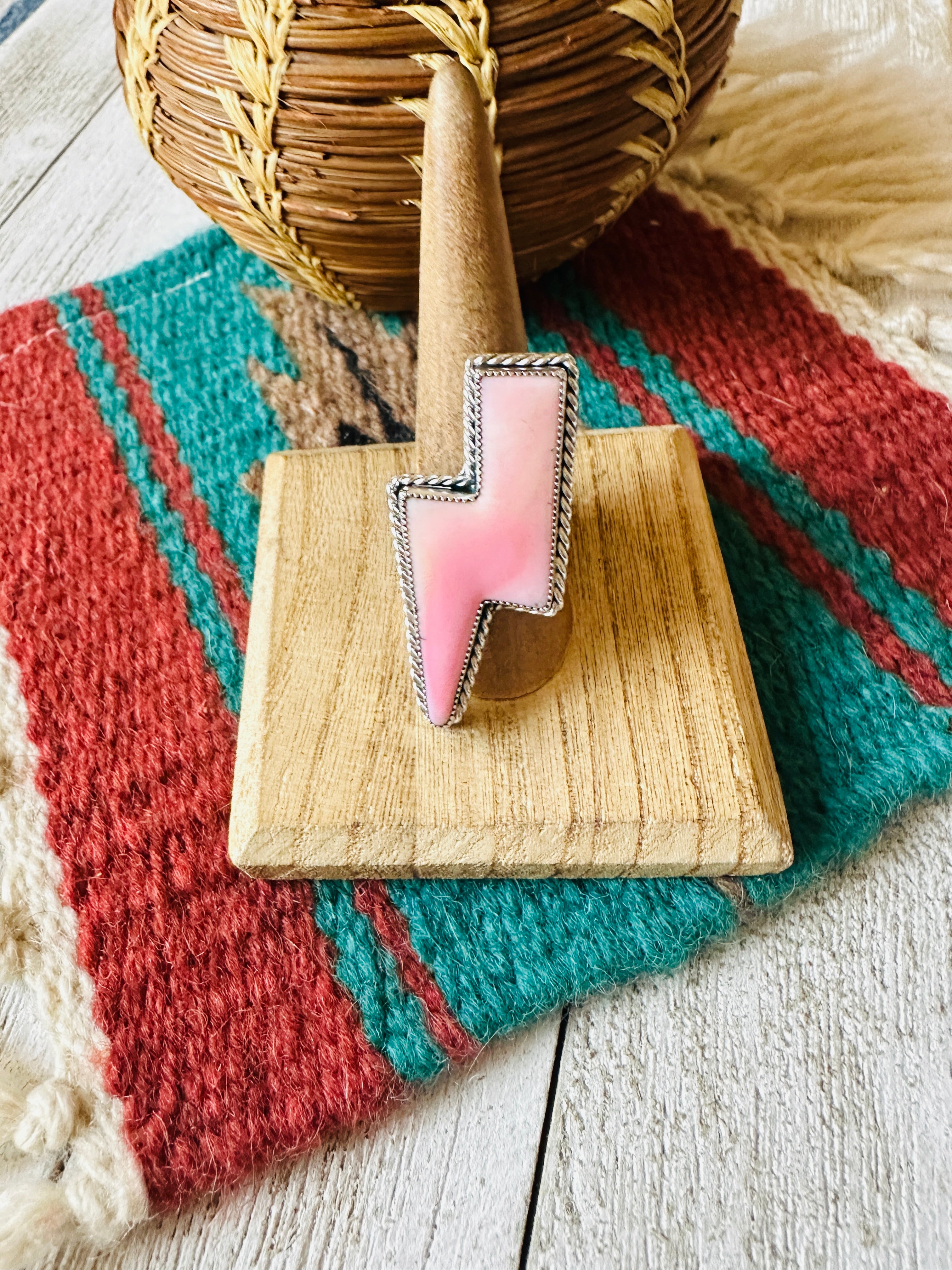 Navajo Sterling Silver & Queen Pink Conch Lightning Bolt Adjustable Ring