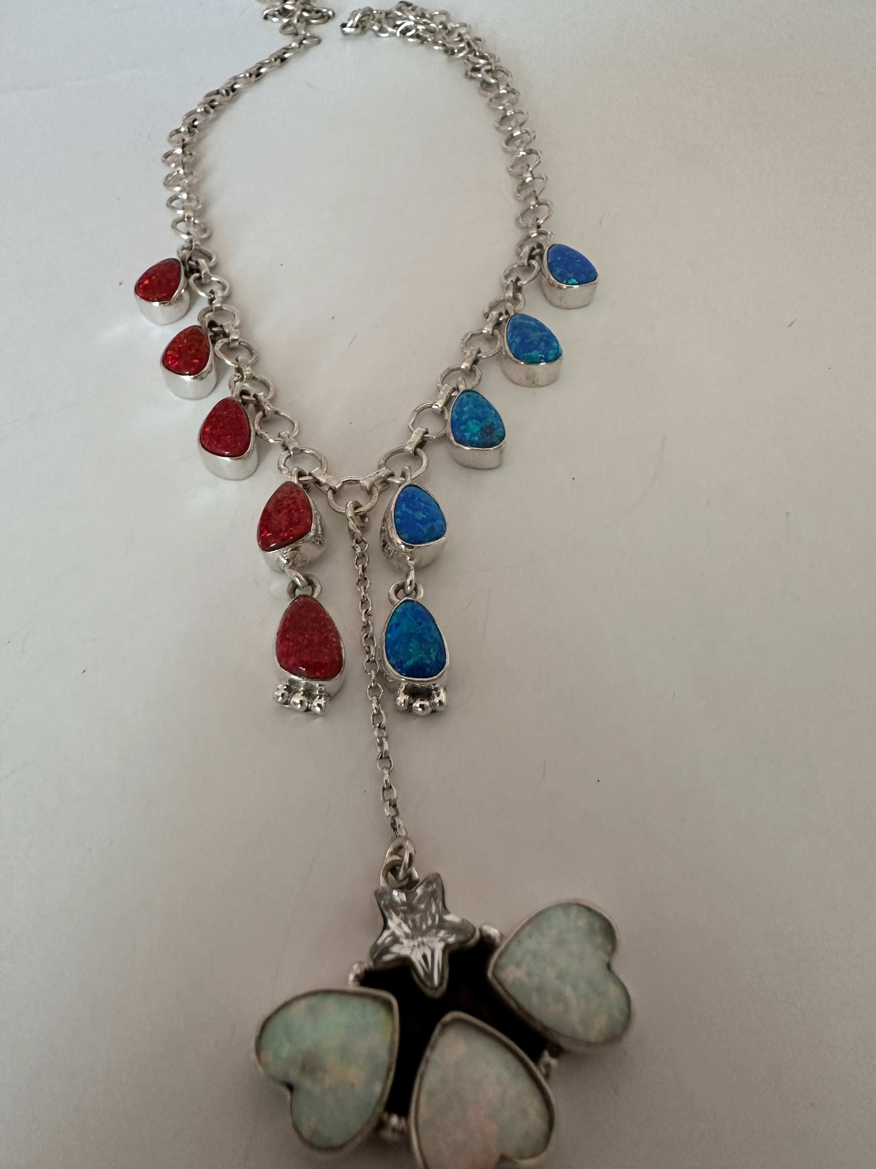 4th Of July Collection Handmade Sterling Silver & Red, White & Blue Fire Opal Drop Necklace