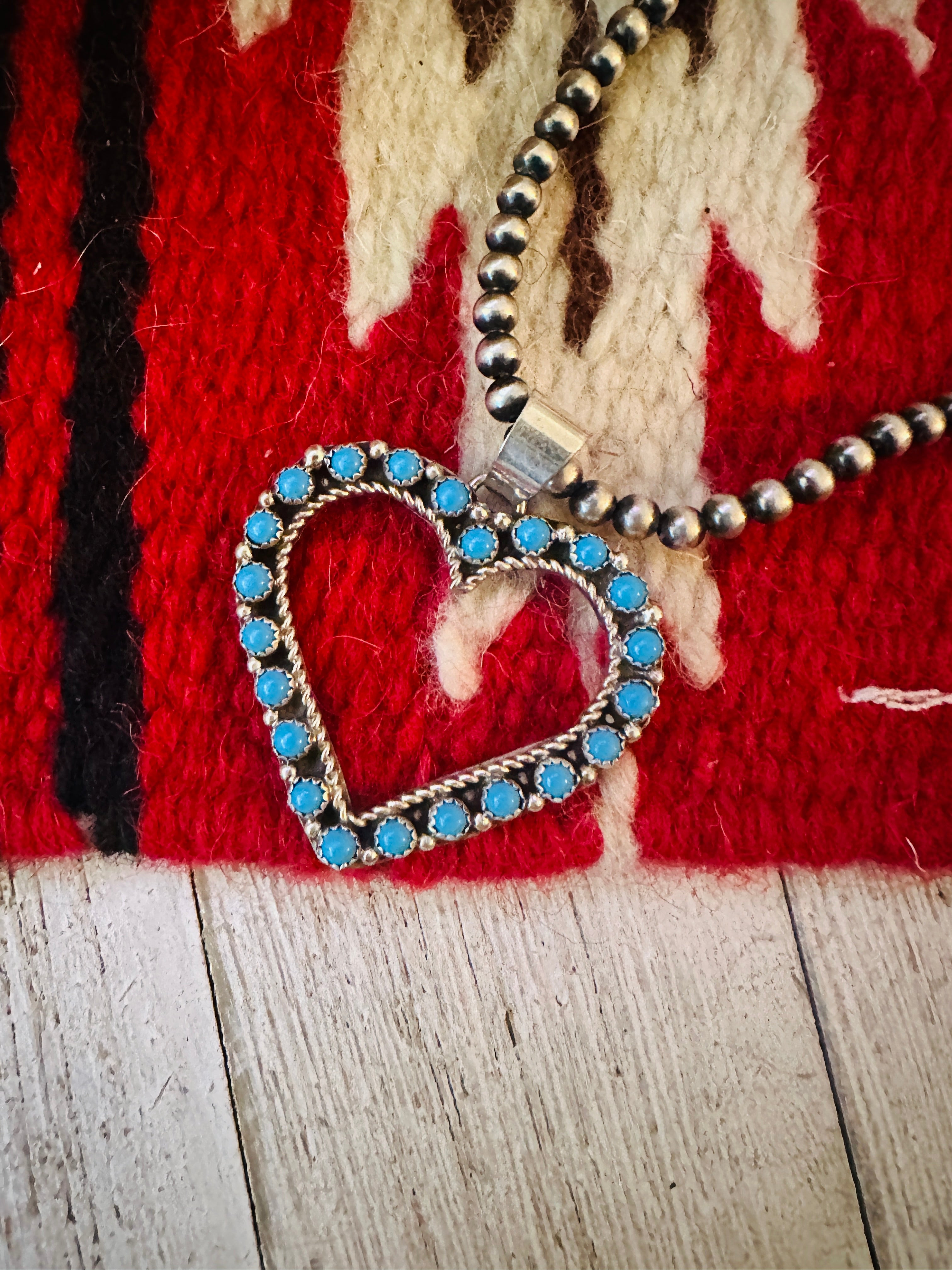 Zuni Sterling Silver & Turquoise Petit Point Heart Pendant