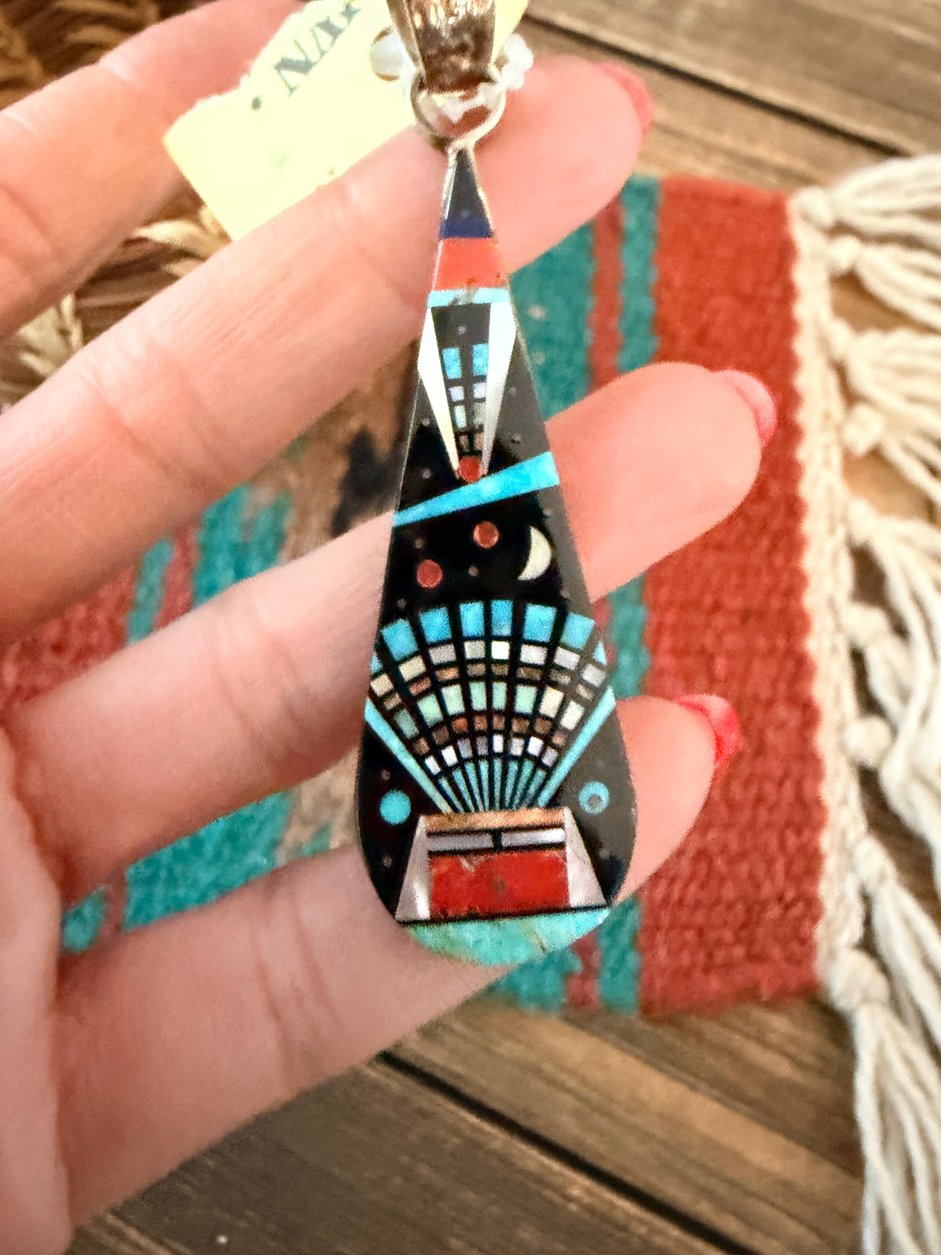 Old Pawn Handcrafted Multi Stone & Sterling Silver Inlay Teardrop Pendant