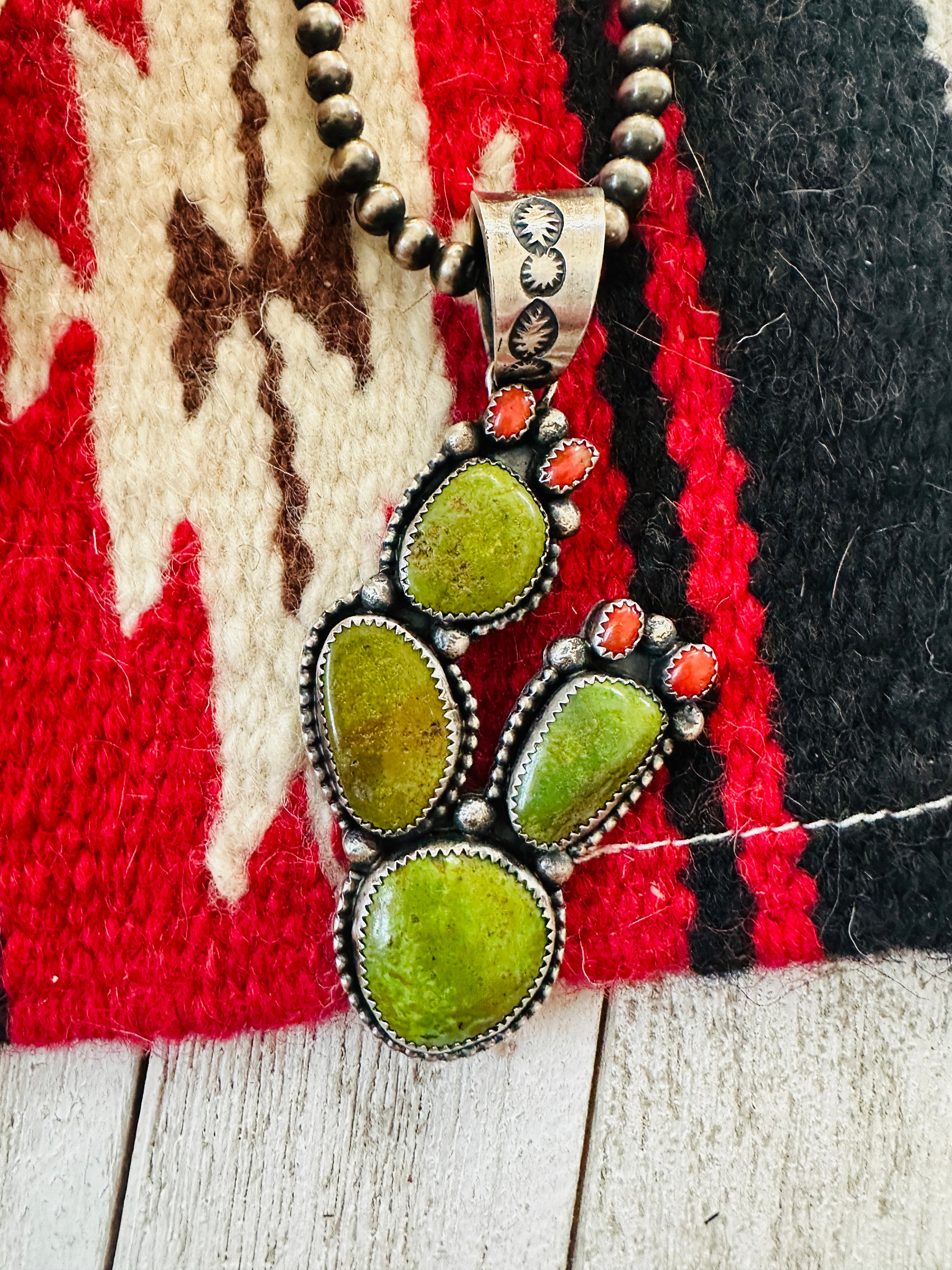 Navajo Turquoise, Coral and Sterling Silver Cactus Pendant