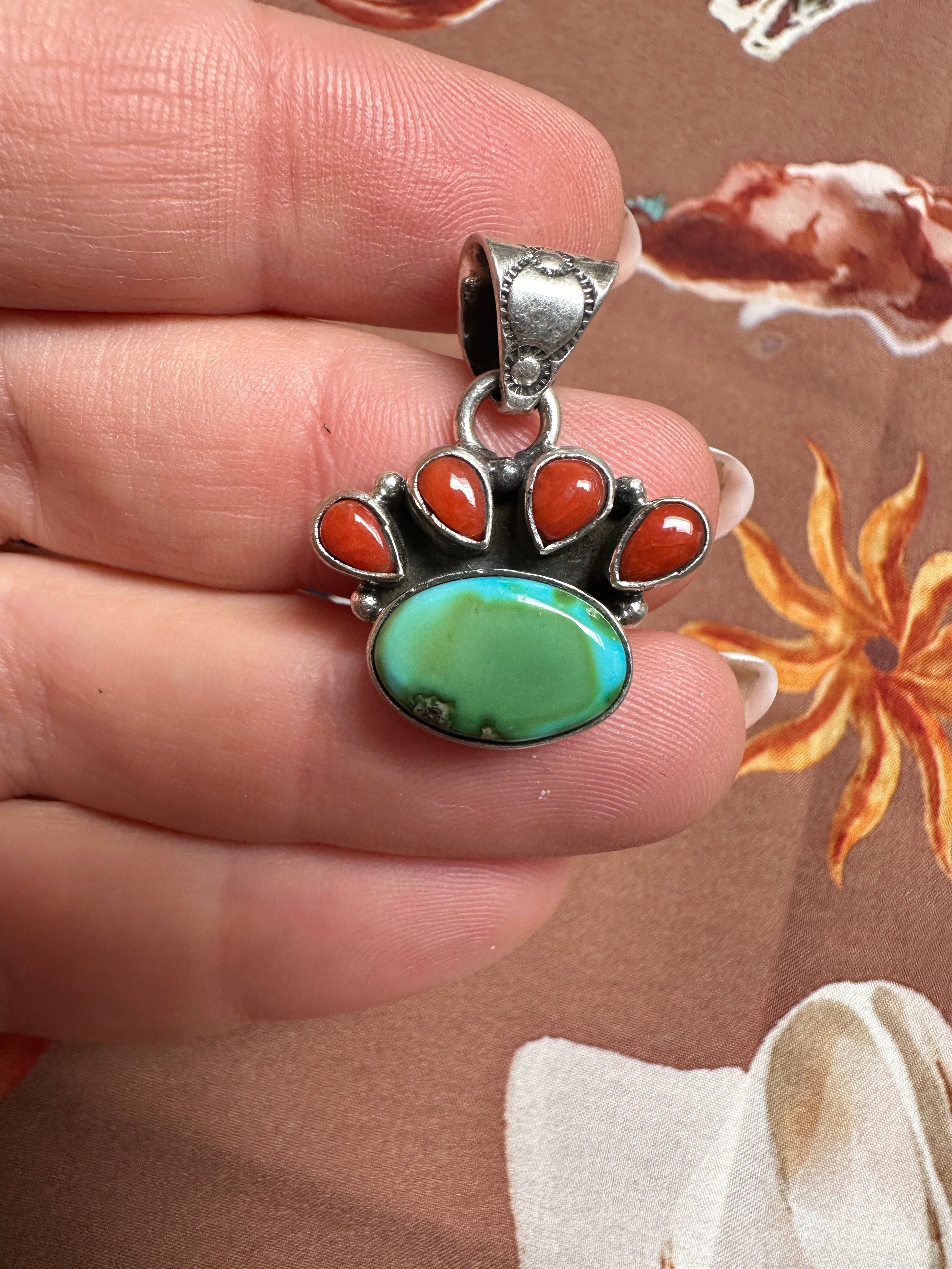 Beautiful Handmade Sterling Silver, Coral & Sonoran Mountain Turquoise Pendant