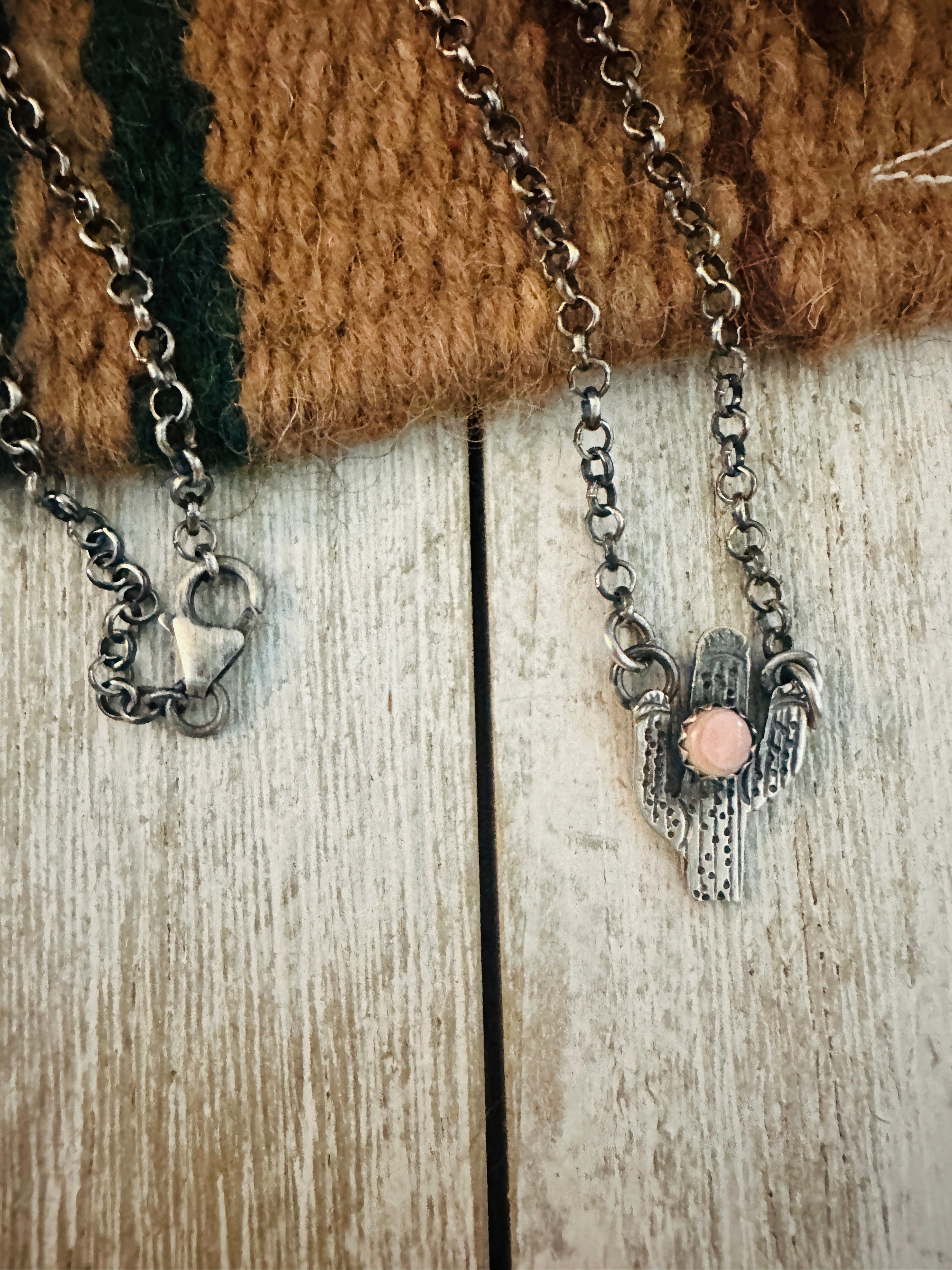 Navajo Sterling Silver & Queen Pink Conch Shell Cactus Necklace