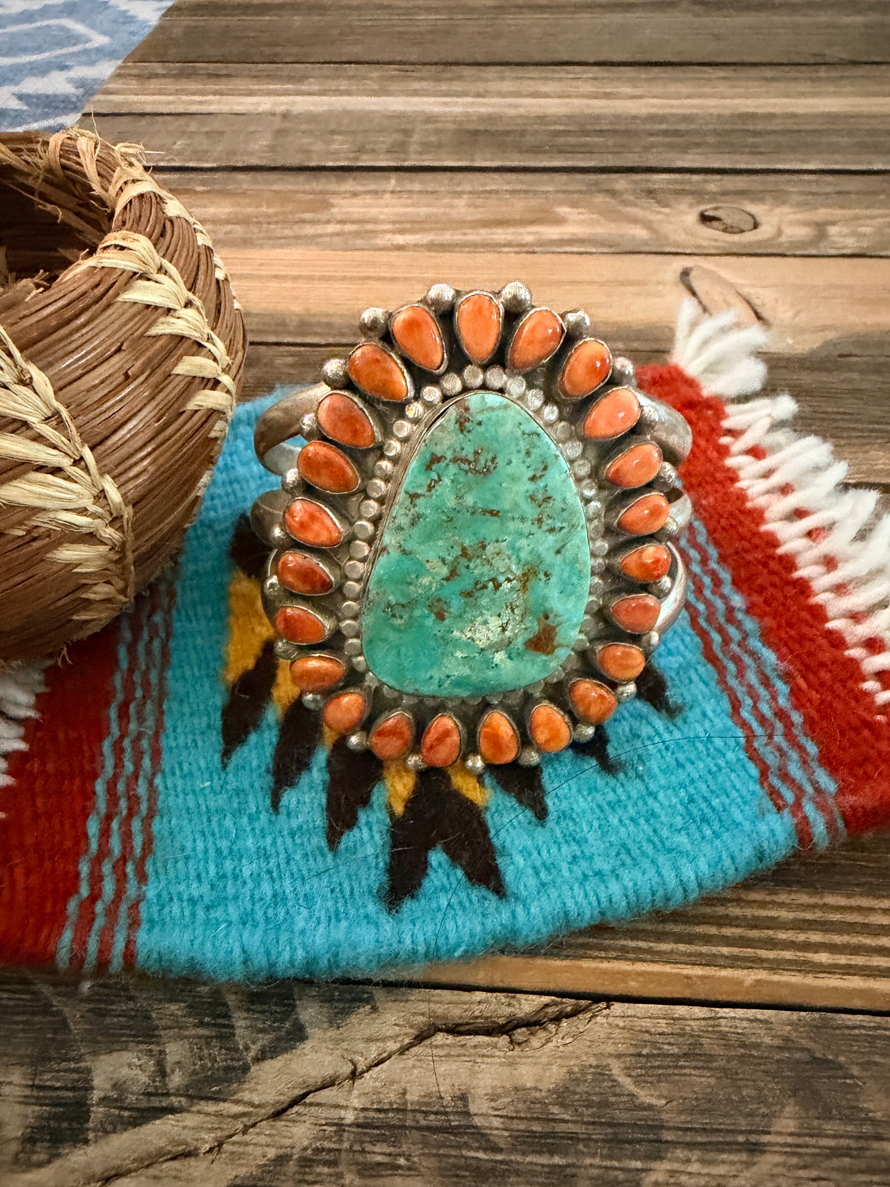 Handcrafted Spiny Oyster, Turquoise & Sterling Silver Cluster Cuff Bracelet