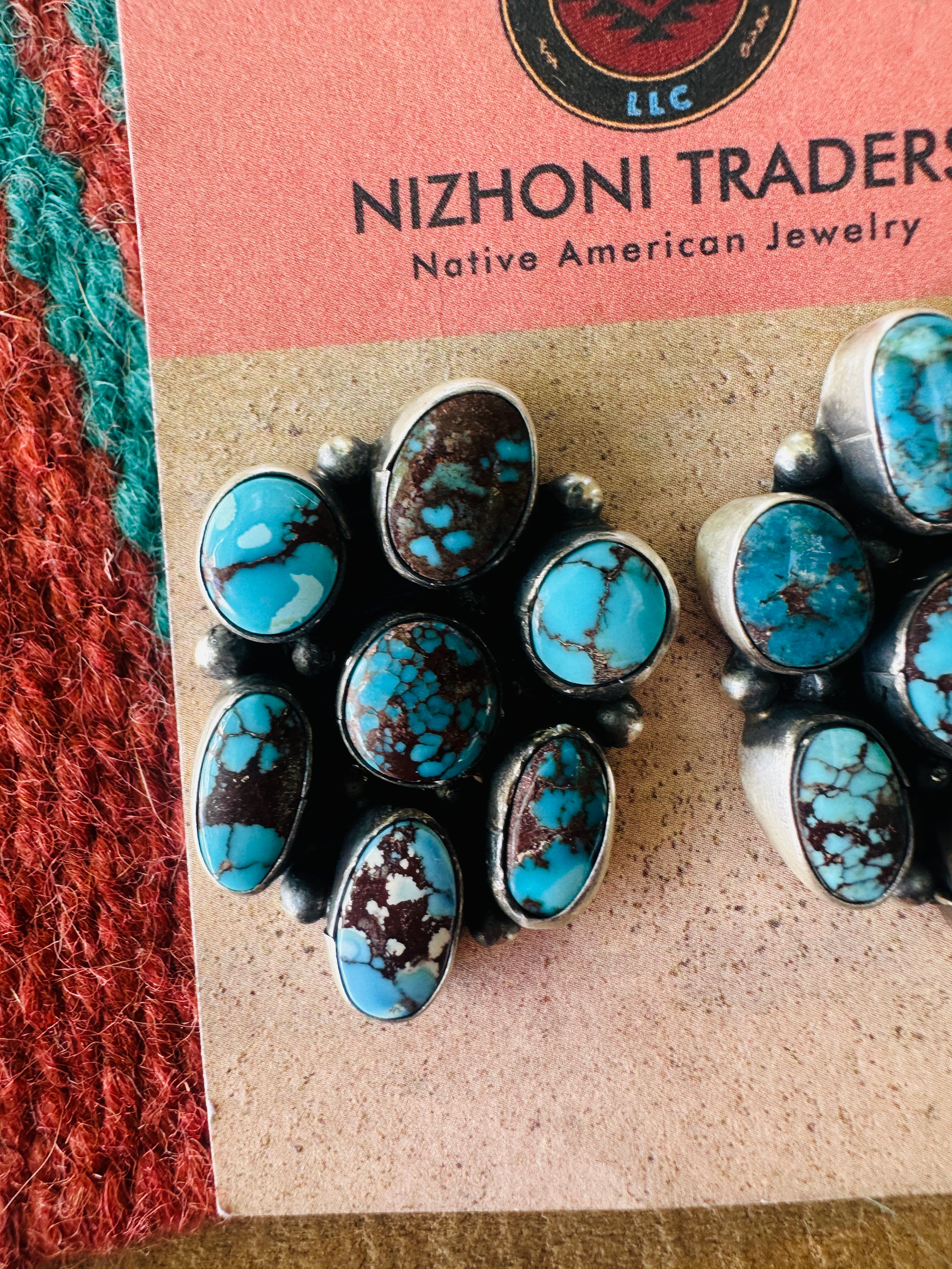 Handcrafted Sterling Silver & Kingman Web Turquoise Cluster Post Earrings