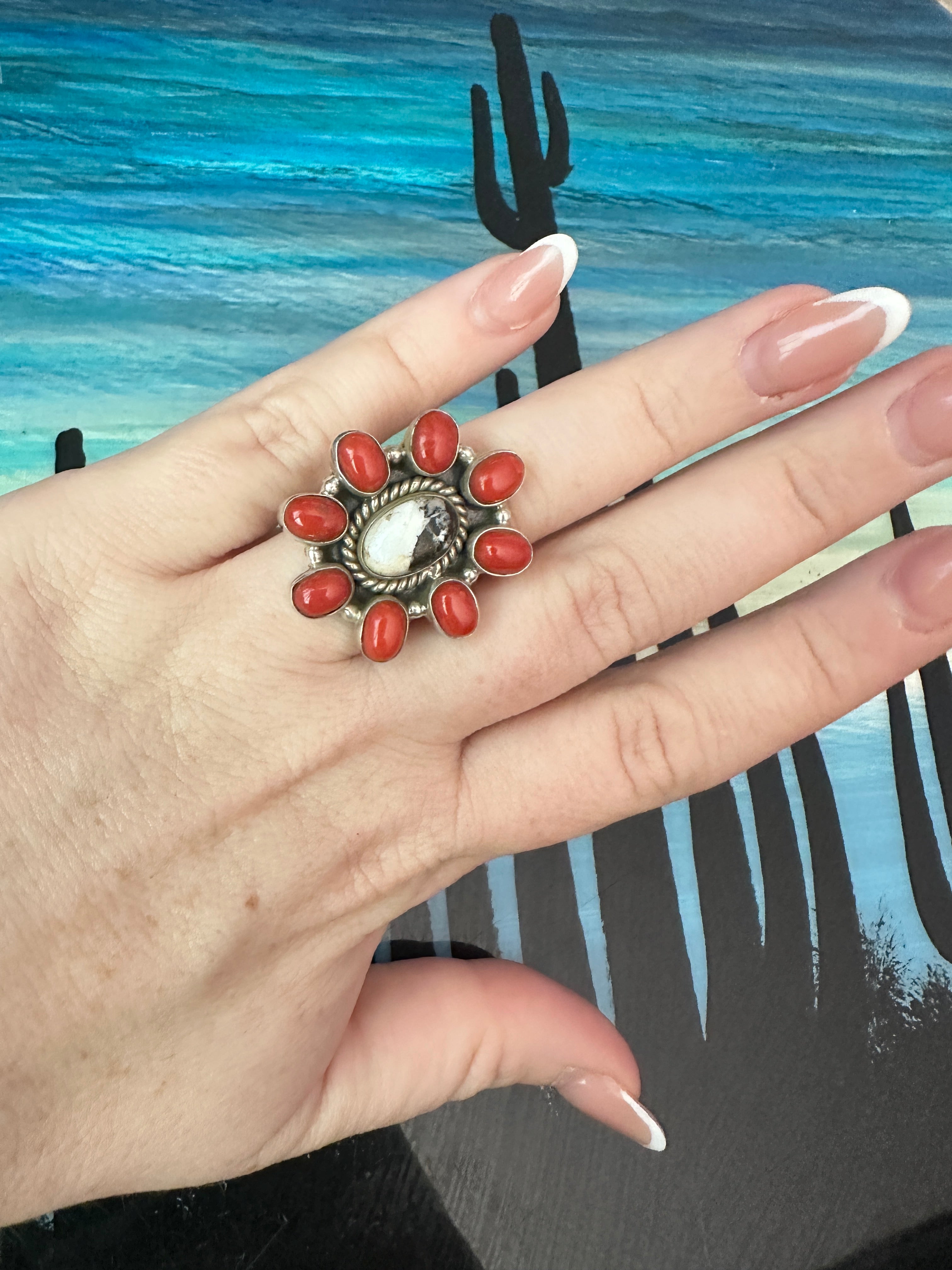 Handmade Coral, White Buffalo & Sterling Silver Adjustable Ring Signed Nizhoni