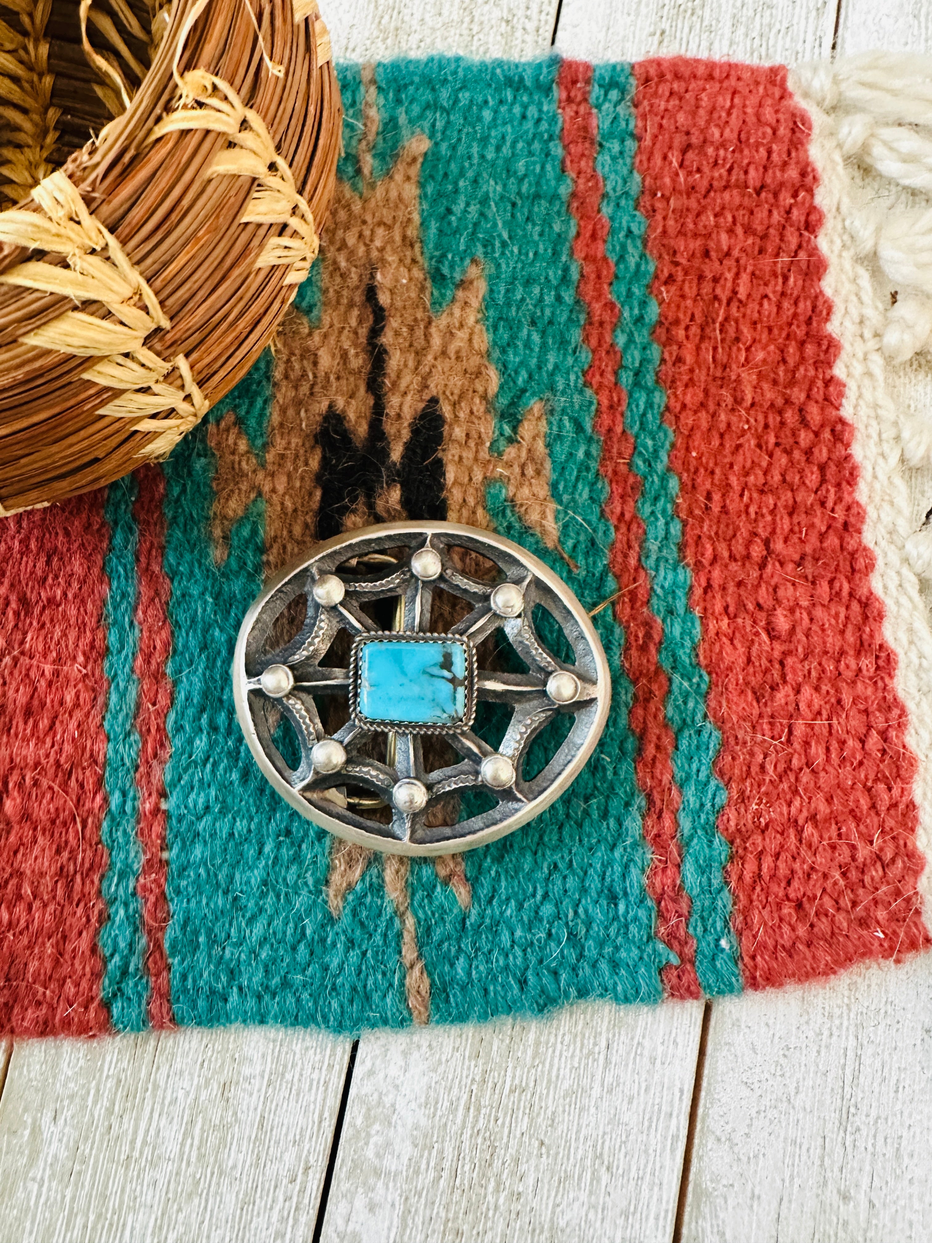 Handcrafted Turquoise & Sterling Silver Belt Buckle by Martha Cayatineto