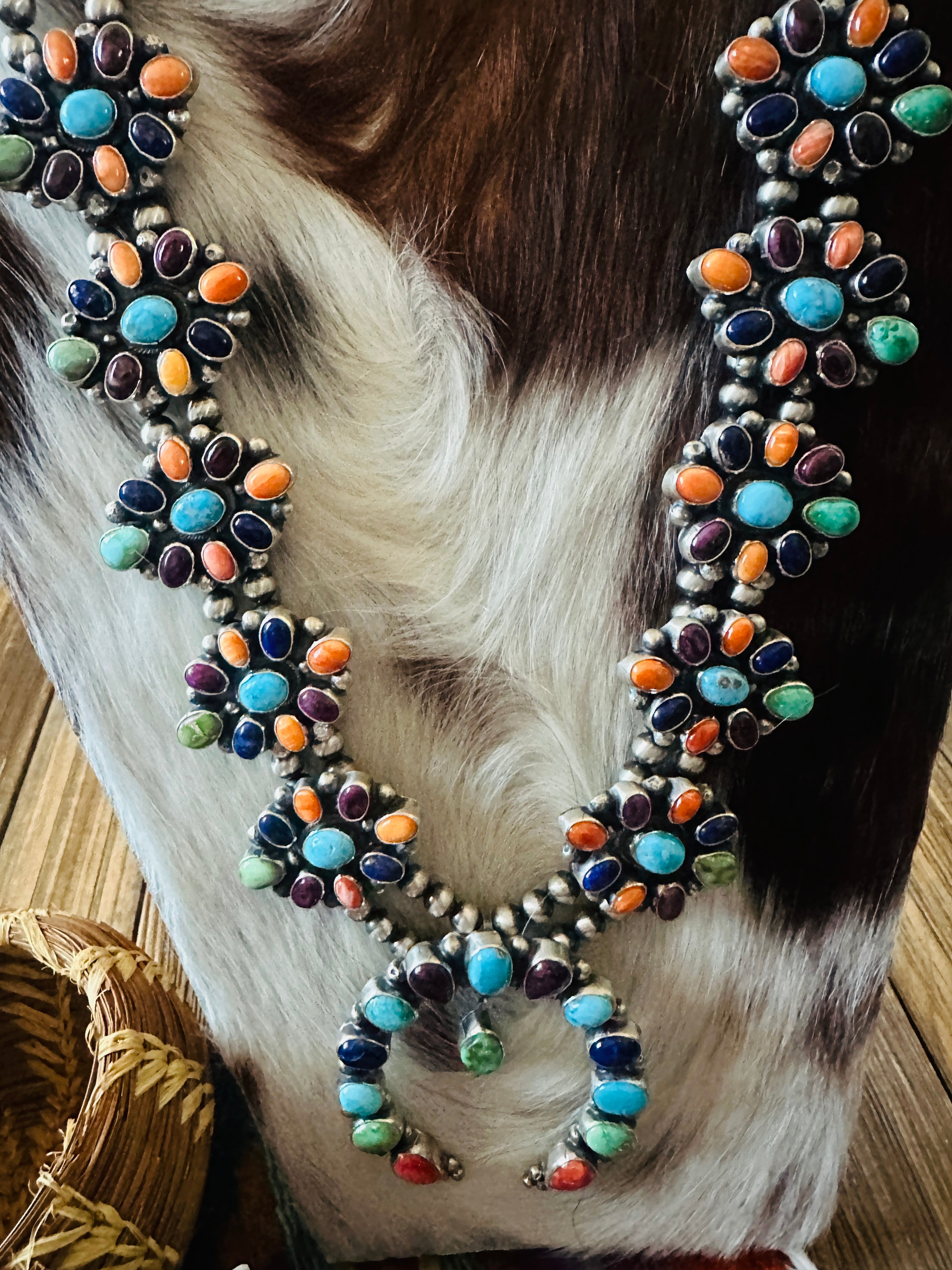 Handcrafted Multi Stone Beaded & Sterling Silver Cluster Necklace and Earring Set by Sheila Becenti