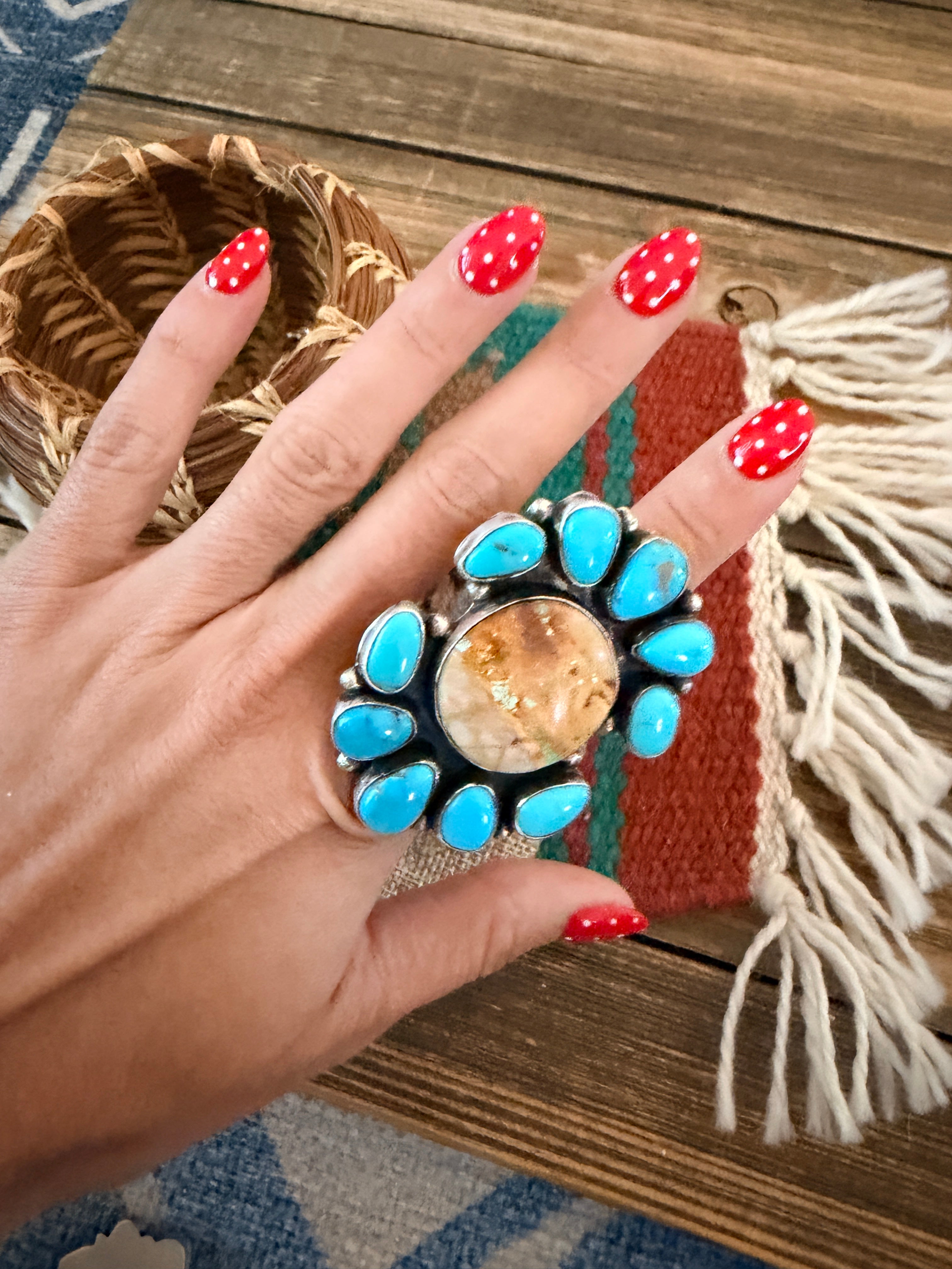 Handcrafted Multi Turquoise & Sterling Silver Ring Size 4.25 by Ella Peter