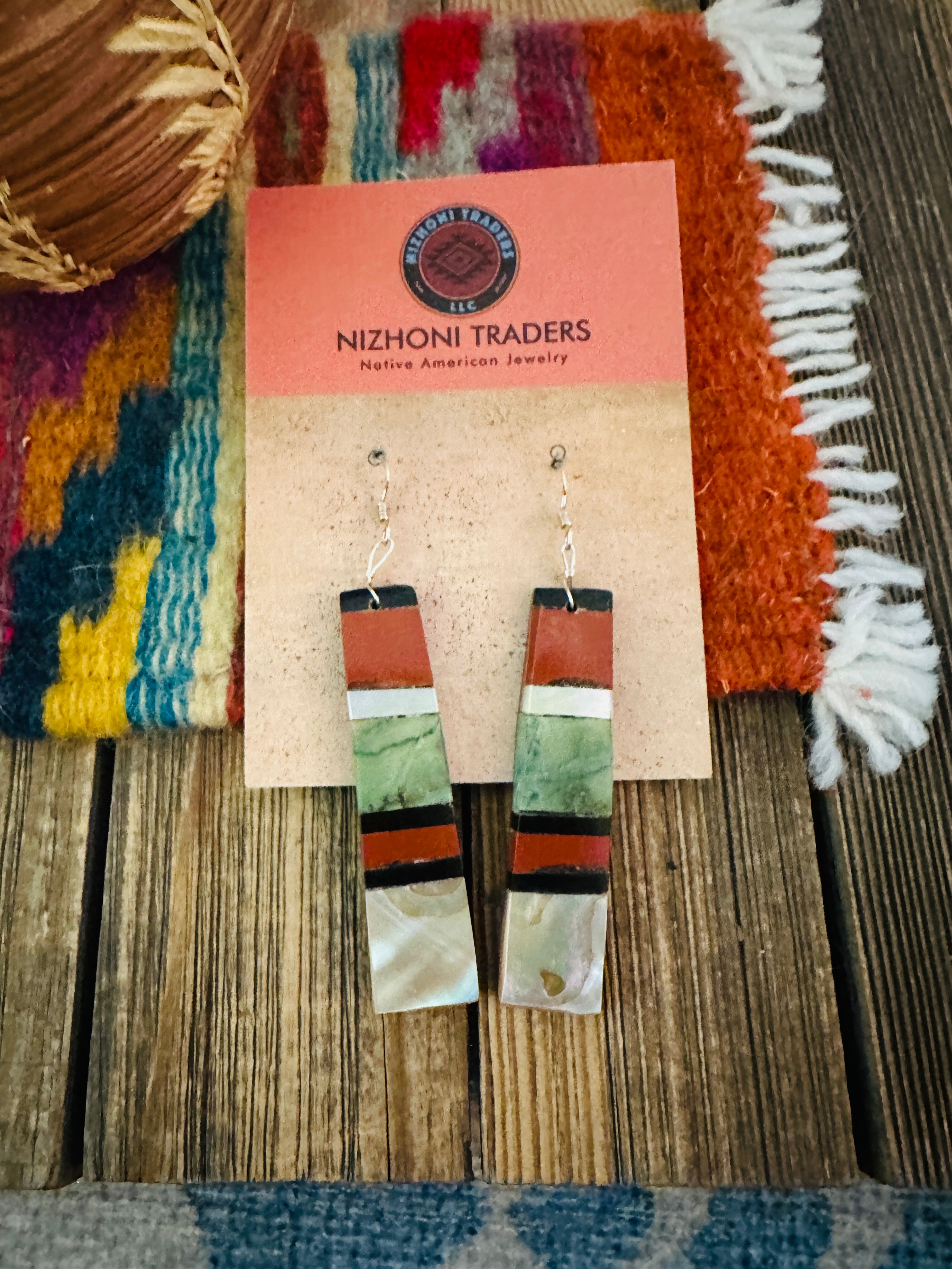 Handcrafted Multi Stone Inlay Slab Dangle Earrings