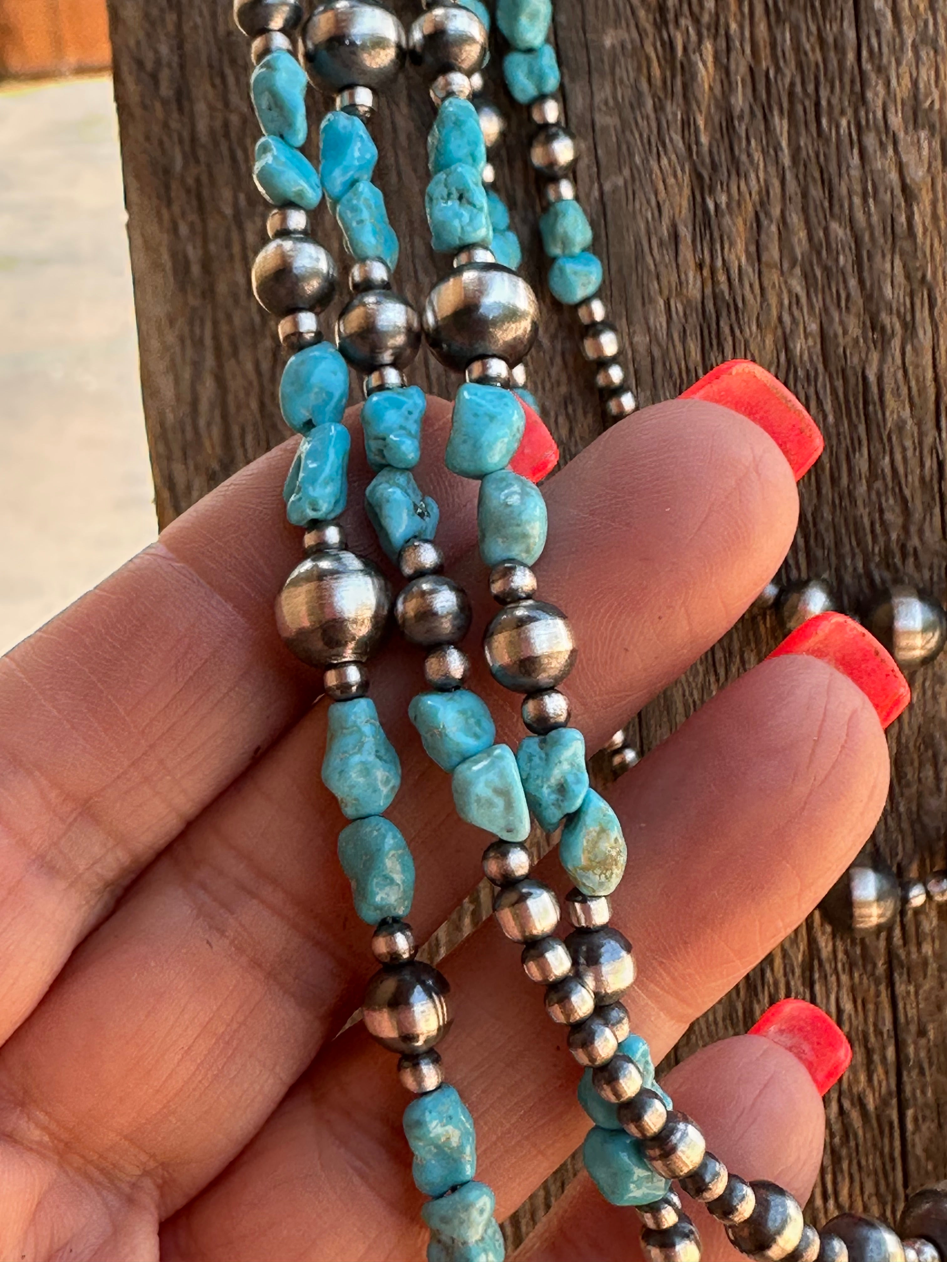 Kingman Turquoise & Sterling Silver 3mm-8mm Beaded Necklace