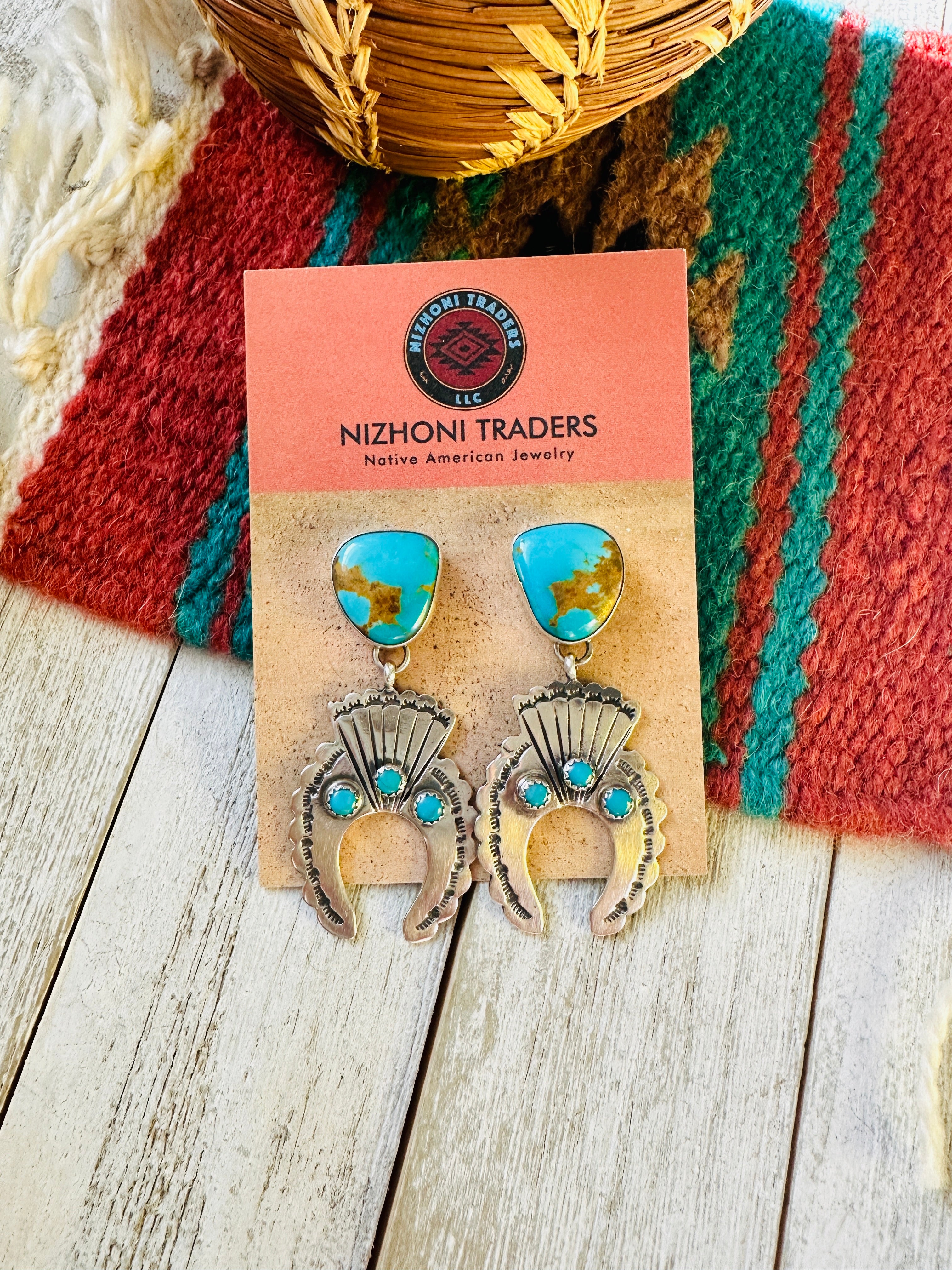 Navajo Turquoise & Sterling Silver Naja Dangle Earrings