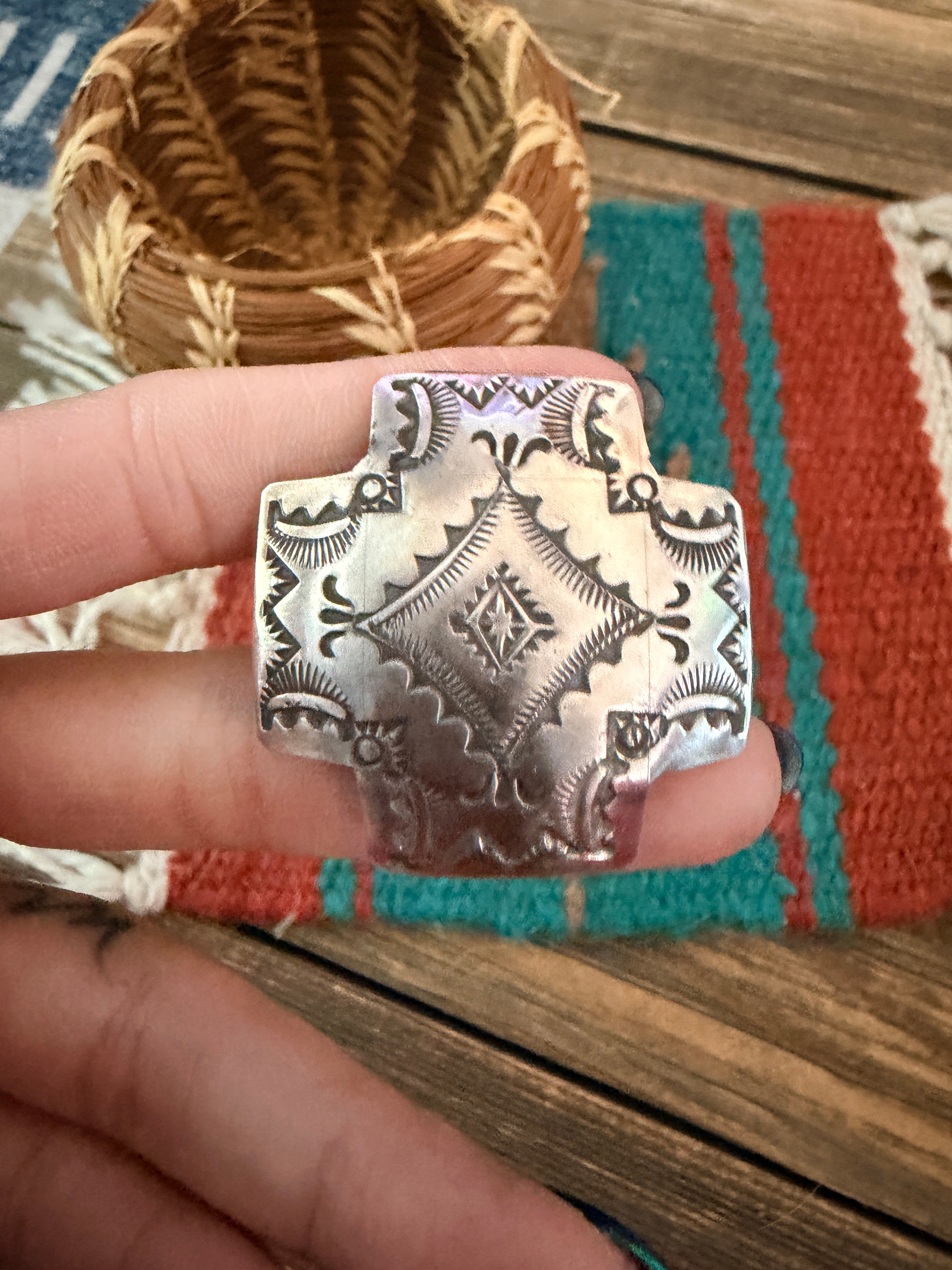 Handcrafted Sterling Silver Adjustable Cross Concho Ring by Vincent Platero