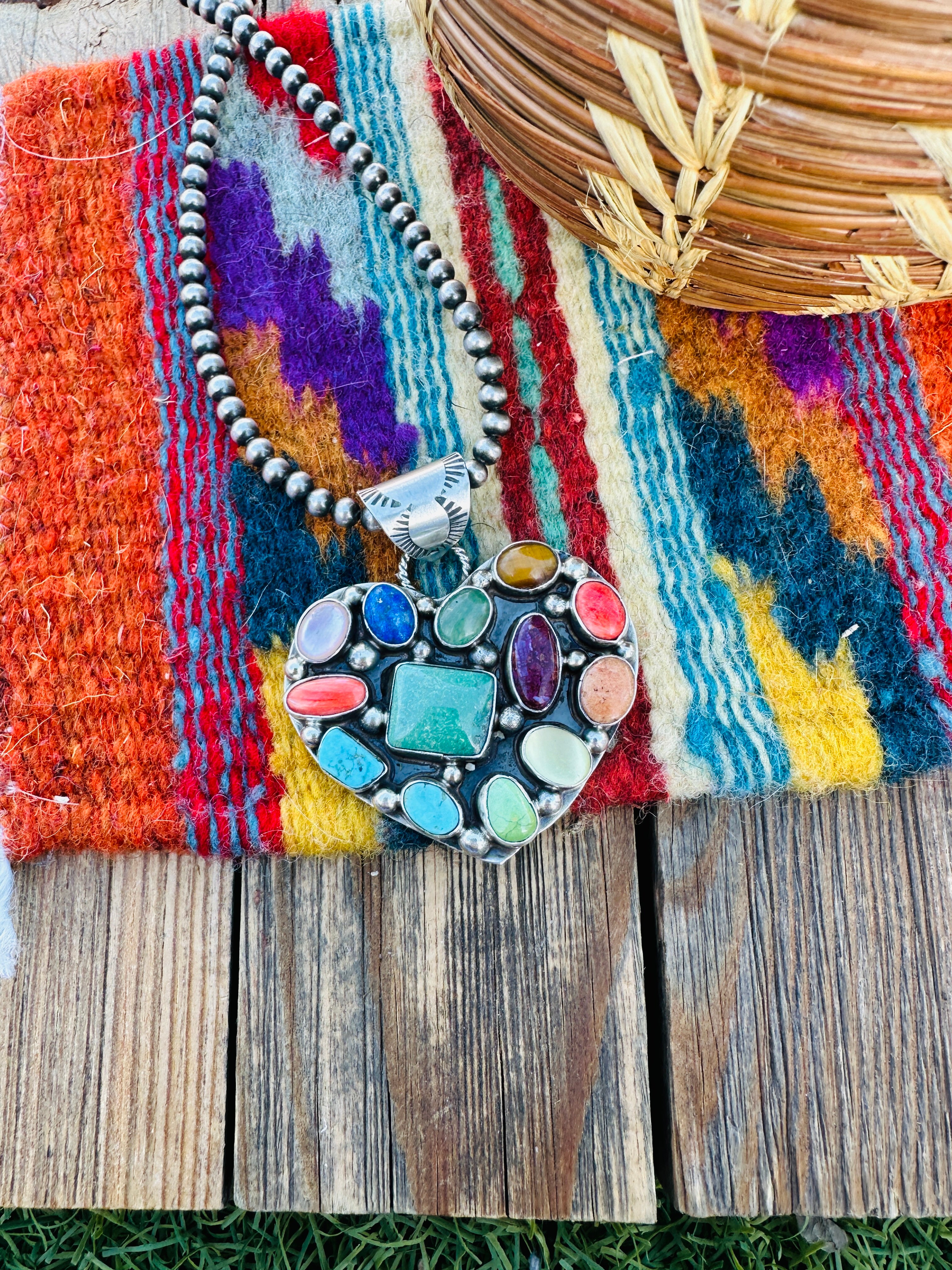 Handcrafted Multi Stone & Sterling Silver Heart Pendant by Jacqueline Silver