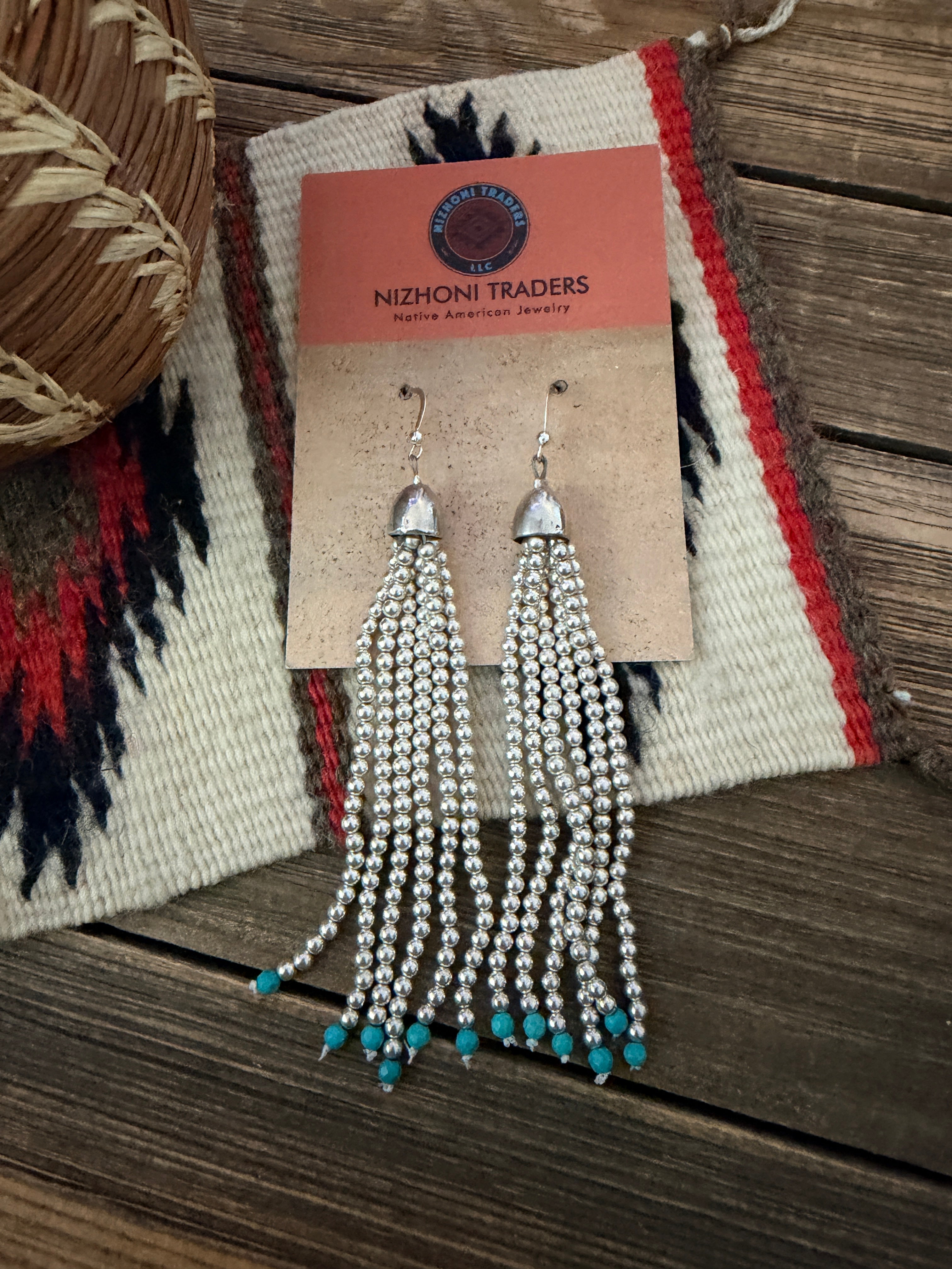 Handcrafted Turquoise & Sterling Silver Pearl Beaded Tassel Dangle Earrings