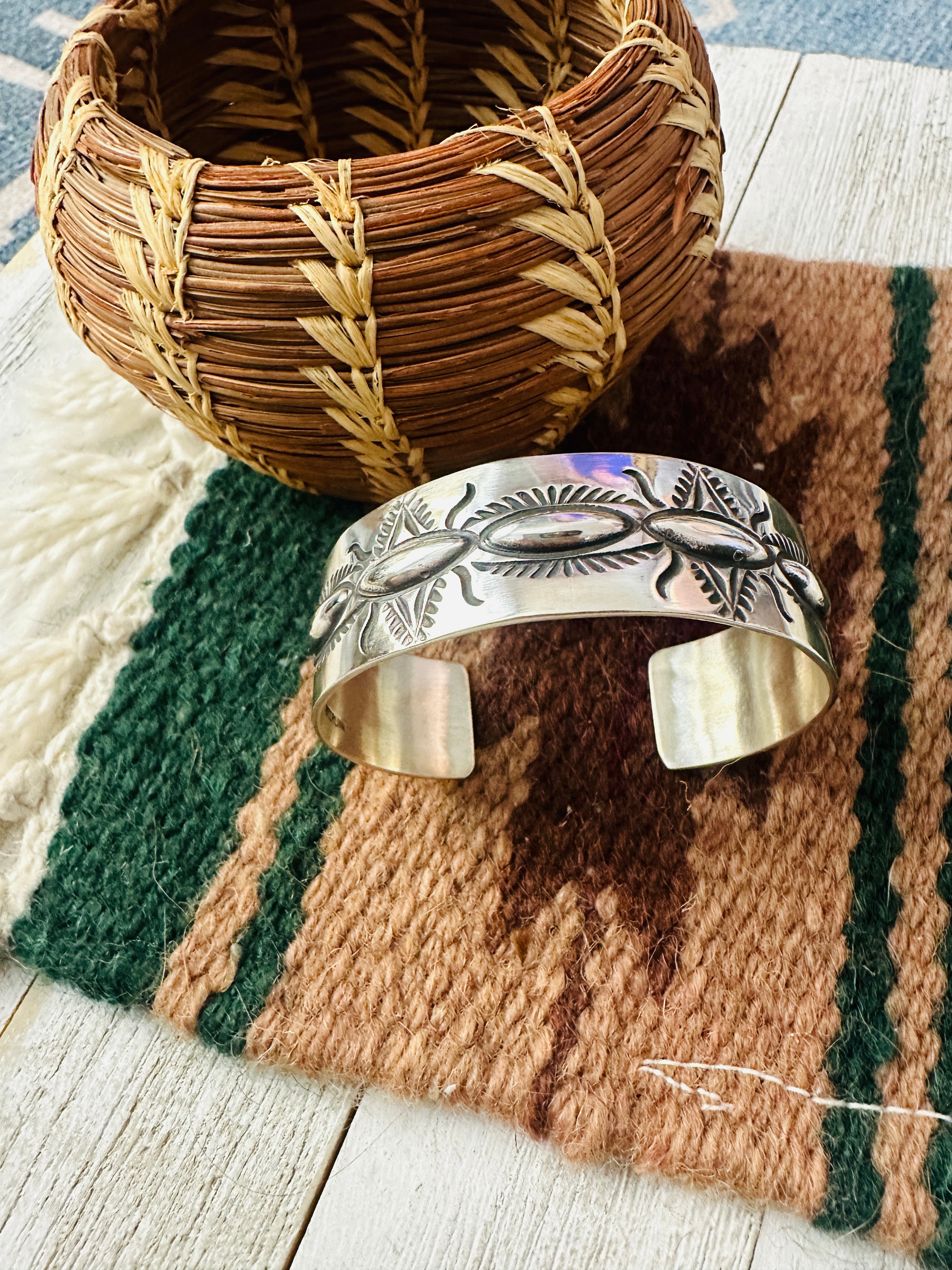 Navajo Hand Stamped Sterling Silver Cuff Bracelet By Elvira Bill